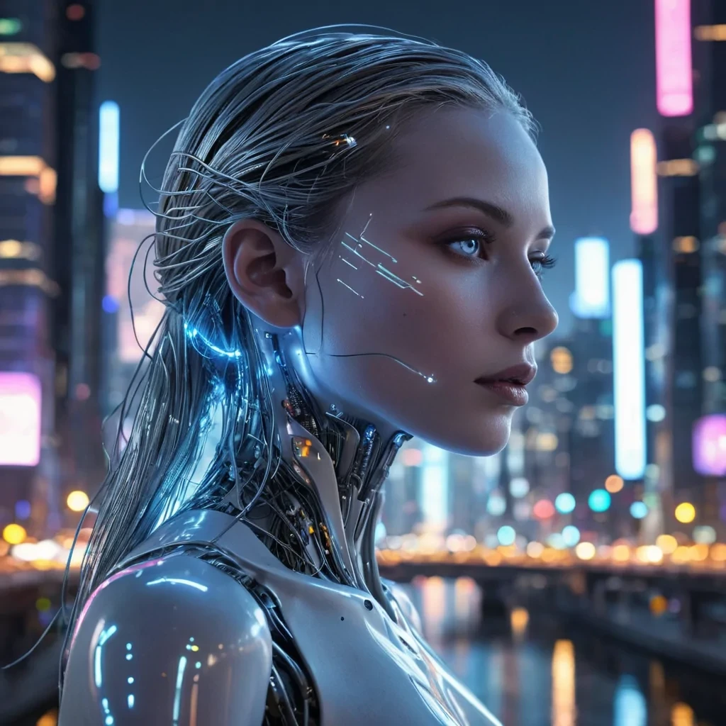 A hyperrealistic, 4K, ultra HD portrait of an android poet, her silvery skin reflecting the neon glow of a futuristic cityscape. The poets eyes, a deep, contemplative blue, hold the essence of a thousand untold stories. Her hair, a cascade of shimmering, holographic strands, gently pulses with each beat of her artificial heart. The background is a surreal, urban landscape of towering skyscrapers and holographic advertisements, with the distant hum of flying vehicles and the soft glow of perpetual twilight casting an ethereal ambiance. Cinematic lighting accentuates the poets otherworldly beauty, while a subtle bokeh effect blurs the bustling cityscape, creating an intimate, introspective atmosphere.