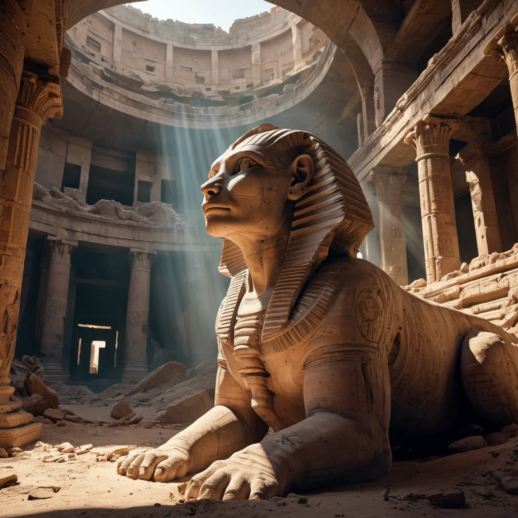 In the heart of a hyperrealistic, abandoned, subterranean colosseum, a colossal, ancient, mechanical sphinx, intricately detailed and textured, awakens from its slumber. Volumetric lighting from unseen sources casts dramatic shadows, as the sphinxs colossal, cinematic eyes scan the crumbling, labyrinthine architecture. Atmospheric dust devils swirl in the soft, pastel glow, while lens flare from a distant, flickering torch accentuates the sphinxs enigmatic, lifelike expression.