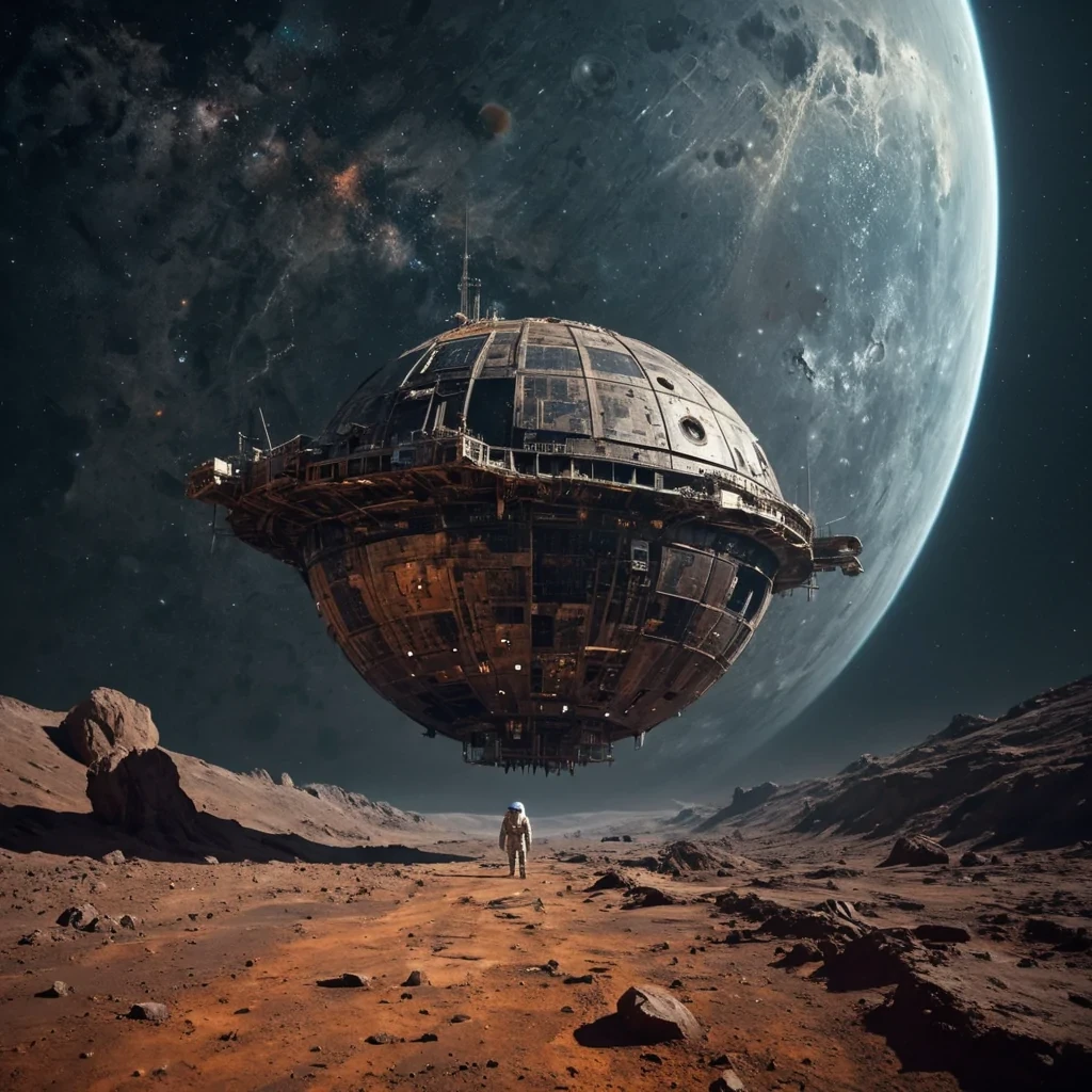 A colossal, ancient, derelict space station, its rusted, meteoritescarred hull looming over a desolate, asteroidstrewn void, stands as a silent, forgotten sentinel. The stations colossal, dormant solar panels, a labyrinth of interlocking, iridescent photovoltaic cells, cast dynamic, ethereal shadows across the cosmic expanse, revealing intricate, ancient star charts etched into the weathered, micrometeoroidpitted surface. Within, a lone, spectral figure, clad in a tattered, vintage spacesuit, drifts through the desolate corridors, their form composed of swirling, stardustkissed motes of light. Ultra HD,