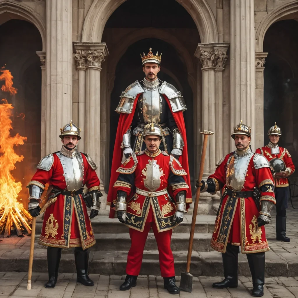 With castle guards and firemen, the handsome king and these men put out a fire in the palace
