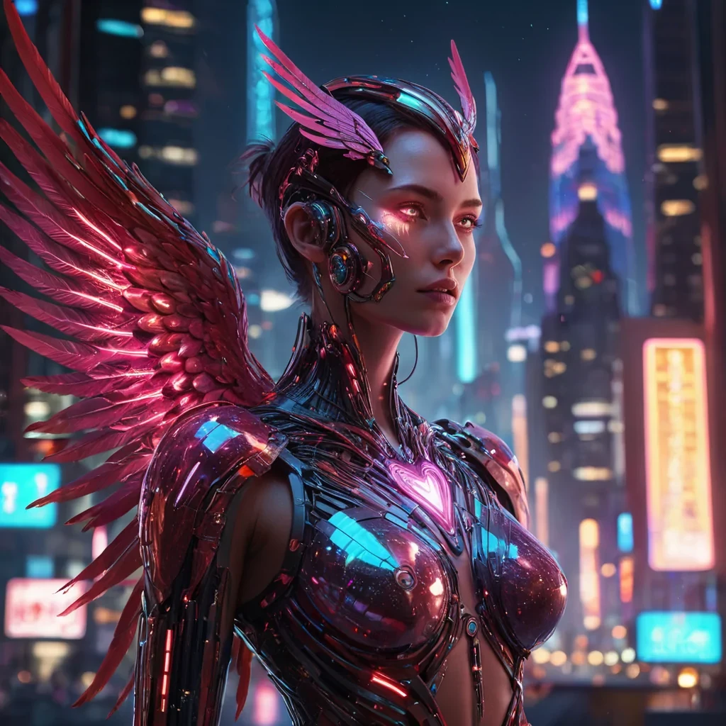 A hyperrealistic, 4K, ultra HD portrait of a cybernetic phoenix, her iridescent feathers shimmering with the colors of a vibrant, neondrenched futuristic city at night. The phoenixs eyes, a deep, enigmatic ruby, hold the secrets of a thousand digital rebirths. Her wings, a cascade of shimmering, holographic circuits, gently pulse with each beat of her electric heart. The background is a surreal, hightech metropolis filled with floating, crystal skyscrapers and the soft glow of quantum lanterns. Cinematic lighting accentuates the phoenixs otherworldly beauty, while a subtle bokeh effect blurs the neonlit skyline, creating an intimate, focused atmosphere.