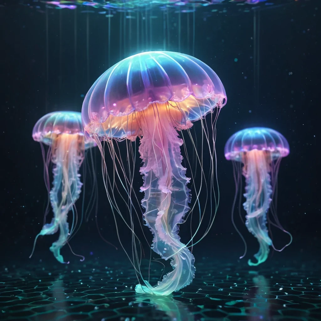 Hyperrealistic neon jellyfish with iridescent tendrils, gracefully drifting through a floating, geometric helix of reflective, swirling pastel hexagons, dynamic lighting with volumetric beams, soft focus on its delicate, luminescent body, vibrant colors, 4K resolution, lens flare dancing around its ethereal form in a surreal, futuristic aquatic sanctuary.