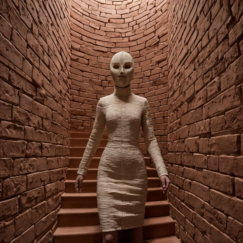 A vertical, tightframed portrait of a solitary figure wearing a highcollared coat made of stiff, mattewhite ceramic tiles that interlock like a living shell. The face is partially obscured by a delicate, intricate mask composed of thin, woven gold wire and translucent, pale pink porcelain panels that glow softly from within. The figure stands in the center of a narrow, spiraling staircase that descends into a deep, warm brown abyss. The walls of the staircase are clad in rough, textured terracotta bricks, each one slightly uneven, creating a tactile, organic rhythm. Soft, warm light filters down from an unseen source above, casting long, dramatic shadows that stretch across the curved steps. In the background, faint outlines of hanging,