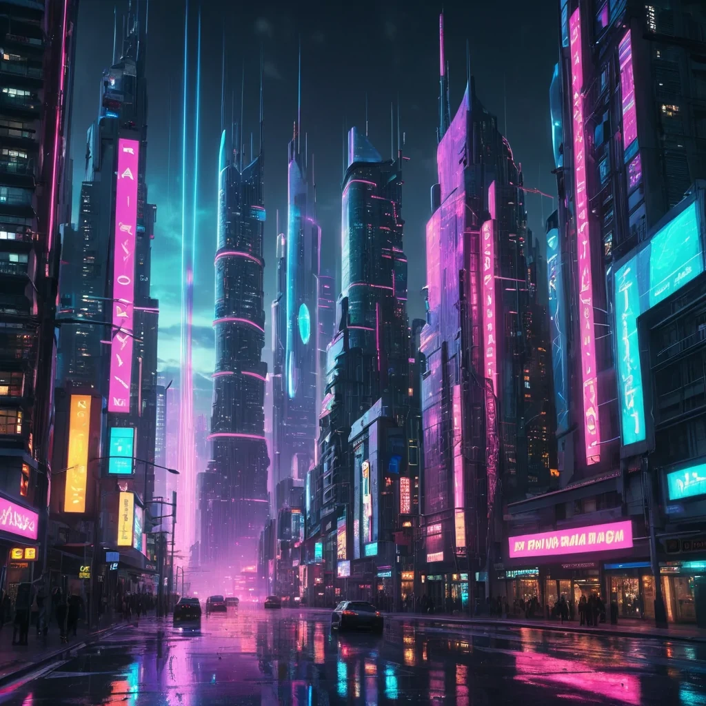 A hyperrealistic, 4K, ultra HD, cyberpunk metropolis at dusk, its sleek, neonlit skyscrapers and holographic billboards casting vibrant, electric reflections on the rainslicked streets. Volumetric lighting from a distant, pulsating, artificial moon etches the citys intricate, geometric architecture, casting mesmerizing, prismatic shadows on the inverted, reflective surfaces. Cinematic lighting bathes the scene in a symphony of neon hues, with lens flare emphasizing the citys central, radiant, holographic tower, pulsating with captive, alien, digital energy. Photorealistic, fractal, neon formations unfurl ultra HD, zero gravity, aerodynamic transportation systems, creating an otherworldly