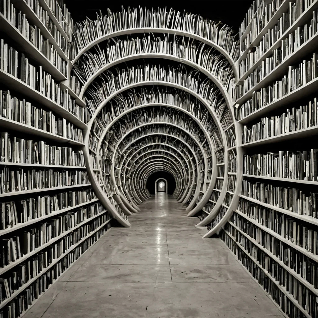 A single, selfunfolding filament of reversed time, shaped like a 3,000,000dimensional spiral of unformed chronology and inverted causality, drifts through the center of a vast, inverted archive of solidified future  each shelf carved from the exact moment between a decision being made and its refusal to unfold, a letter written but never sent, a path chosen and then unchosen, a smile forming and dissolving into nonexpression. The filament does not reverse time  it unreverses it, each unraveling coil shedding a layer of temporal potential that never coalesced into linear progression, reforming into ephemeral, moonstonethreaded afterimages shaped like the negative space between two hands that