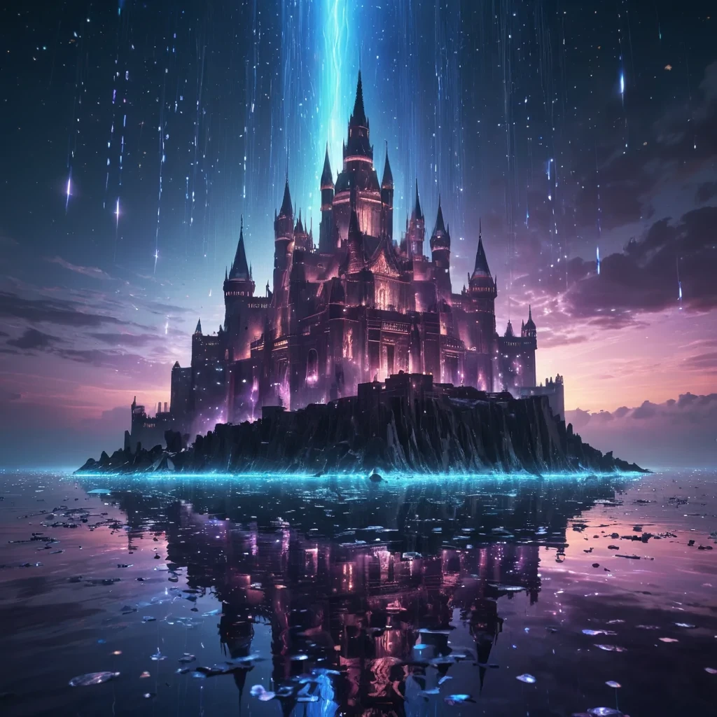 A hyperrealistic, 4K depiction of a colossal, floating fortress constructed entirely from gleaming, reflective shards of metal and glass, hovering over a vast, mirrorlike ocean. The fortress is adorned with pulsating, glowing runes etched in alien patterns, casting soft light onto the shimmering water below. The sky is a swirling canvas of electric blue and violet hues, punctuated by distant, glimmering stars. Volumetric lighting streams through the intricate spires, creating dramatic beams that scatter across the scene, while a subtle lens flare enhances the surreal atmosphere