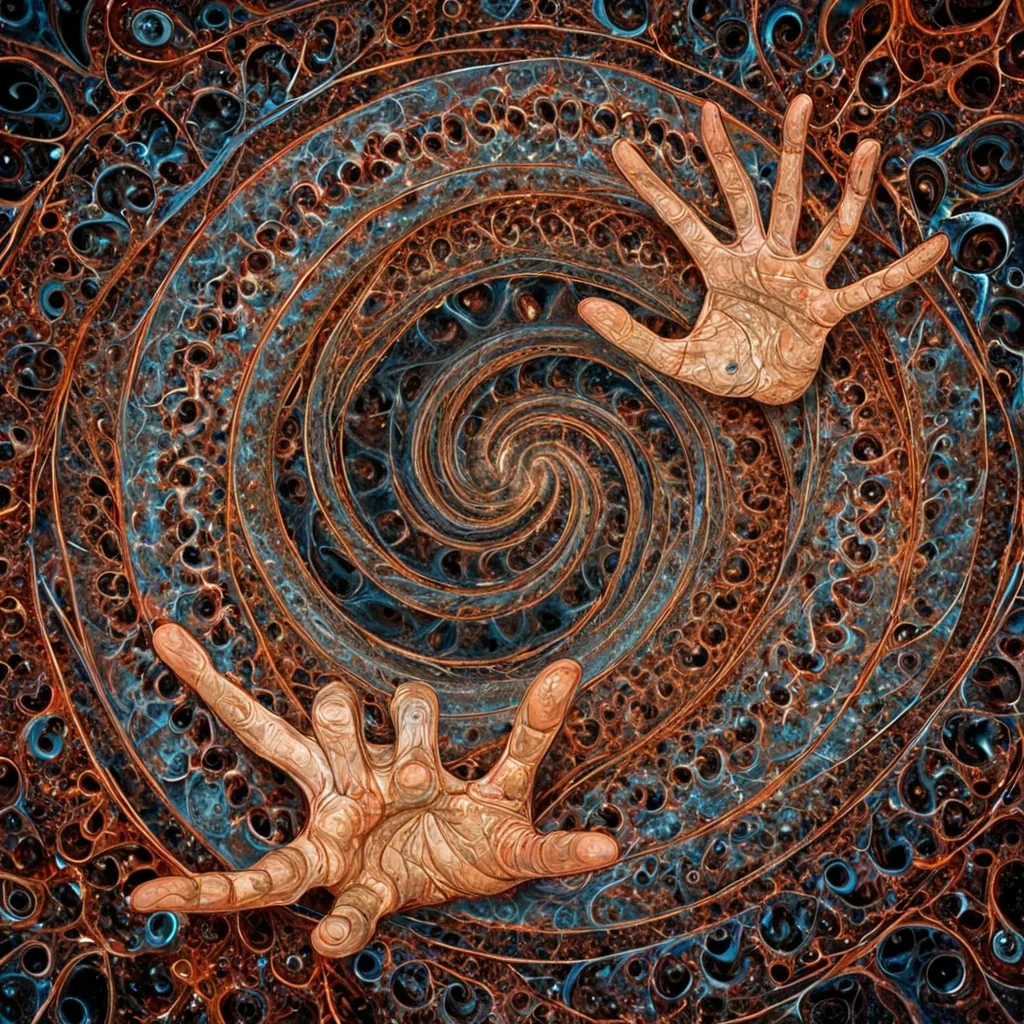 A single, selfresonating fractal of inverted laughter, shaped like a 619dimensional spiral of unformed mirth and reversed joy, pulses at the center of a vast, inverted gallery of solidified silenceeach painting forged from the exact moment between a smile forming and its refusal to be seen, a chuckle escaping and dissolving into nonvibrating air, a hand reaching for a friend and unraveling into a gesture that never touched. The fractal does not amuseit unamuses, each shimmering node shedding a layer of emotional resonance that never coalesced into a shared delight, reforming into ephemeral, lapislazulithreaded afterimages shaped like the negative space between two eyes that