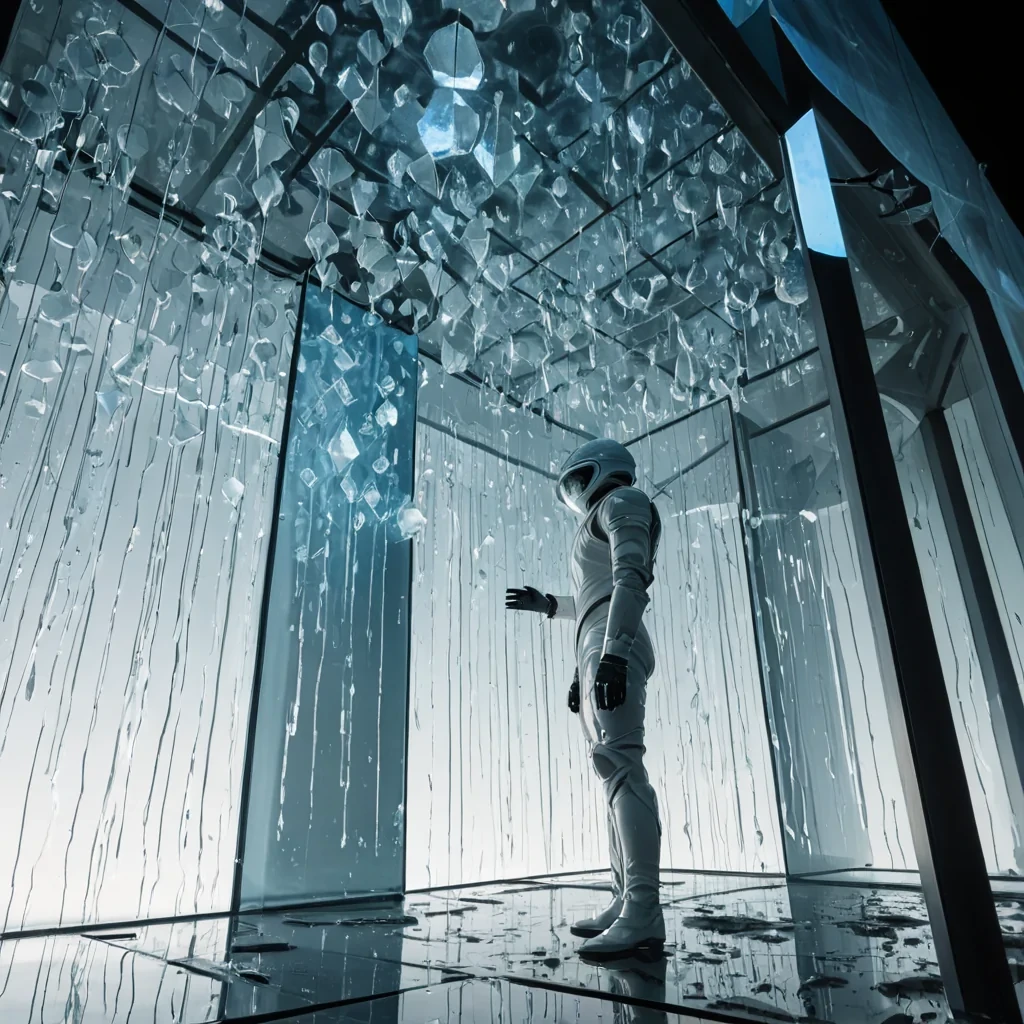 A macro, eyelevel perspective of a delicate, ephemeral pavilion constructed entirely from thin, translucent sheets of blown glass and suspended droplets of water, floating in a vacuum of deep, starless void. The structure is anchored by a central, spiraling column of polished obsidian that emits a faint, pulsing azure light, illuminating the intricate, lacelike patterns formed by the condensation on the glass walls. In the foreground, a figure wearing a sleek, white pressure suit with a reflective, mirrorlike visor floats gently, their gloved hand extended towards a cluster of floating, crystalline geometric shapes that resemble shattered diamonds. The lighting is minimal and dramatic, with sharp, highcontrast shadows cast by the glass panels, creating