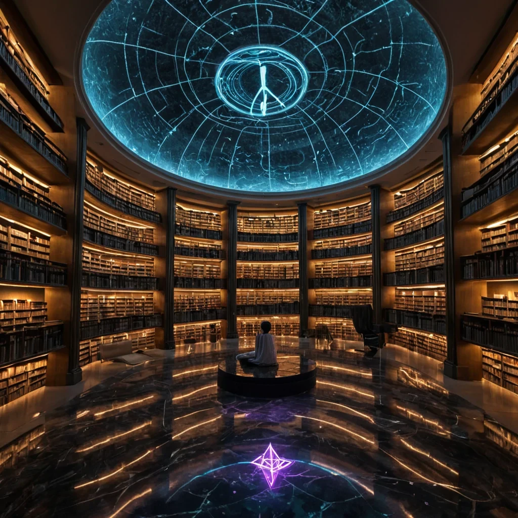 A horizontal, eyelevel closeup of a serene, hightech library where the shelves are formed by towering, curved slabs of translucent, amberhued resin containing suspended, ancient paper scrolls that glow with a warm, internal light. The floor is a seamless expanse of polished, deepblack marble that reflects the intricate, golden geometric patterns projected onto the ceiling by holographic emitters. Floating gently in the still, dustmotefilled air are hundreds of tiny, origamilike drones made of iridescent foil, each holding a single, glowing rune that shifts color from soft violet to electric teal. In the immediate foreground, a solitary figure wearing a sleek, minimalist white tunic sits crosslegged on a floating, cushioned platform, their