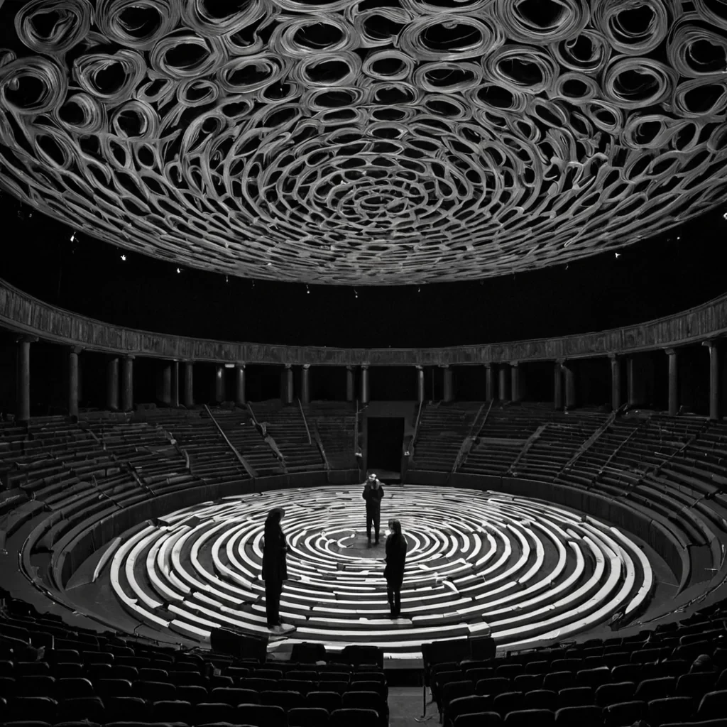 A single, selffragmenting thread of reversed entropy, shaped like a spiraling, threedimensional lattice of unformed regret, drifts through the center of a vast, inverted theater constructed from the compressed, unperformed scenes of a civilization that communicated through the duration of synchronized, silent rehearsing of the same unspoken monologue. The thread does not unravelit unregrets, each pulse dissolving a layer of emotional weight that never coalesced into a shared performance, reforming into ephemeral, amberveined afterimages shaped like the negative space between two mouths that never opened in unison in the same moment of mutual silence. The theater is not dramaticit is a stratified expanse of petrified anticipation, each