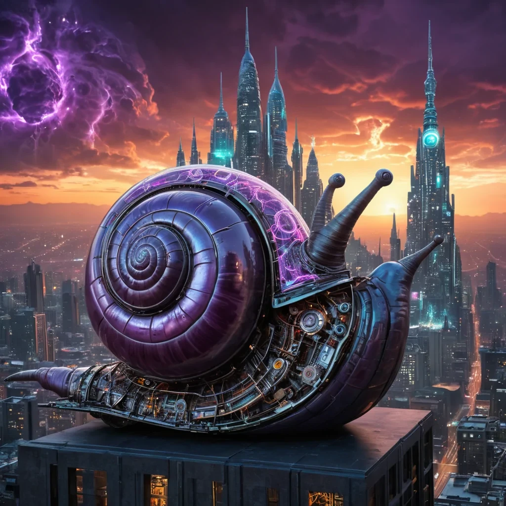 A colossal, ancient, mechanical snail, its metallic shell adorned with intricate, pulsating neon circuits, inches through a stormy, amethyst nebula. Within its transparent, bioluminescent body, a labyrinthine, neonlit cityscape sprawls, its towering, glass spires casting ephemeral shadows on the citys sentient, robotic inhabitants. Rendered in ultra HD, with dynamic lighting, atmospheric effects, and vibrant colors, evoking a sense of surreal, otherworldly wonder at this celestial, mechanical marvel.
