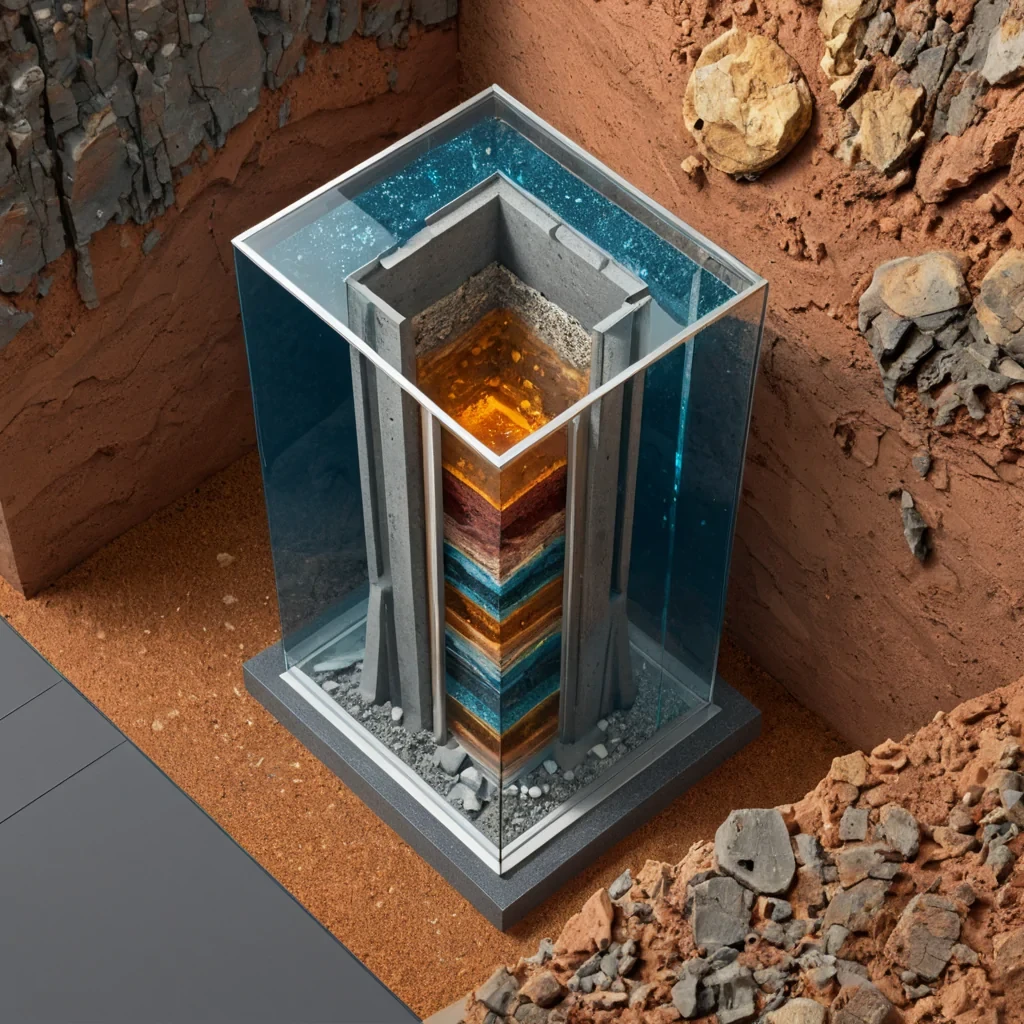 A surreal, isometric cutaway view of a vertical, translucent glass elevator shaft rising through the layers of a stylized, stratified geological core, rendered in the style of a midcentury technical diagram. The shaft is suspended within a crosssection of the earth, displaying distinct bands of vibrant, flatcolored strata a deep, matte maroon topsoil, a layer of speckled ochre clay, a thick band of translucent, honeycolored amber resin containing trapped, geometric air bubbles, and a base of shimmering, metallic silver quartz. Inside the glass elevator car, a minimalist, flatdesign figure in a solid cobalt blue suit stands facing a control panel with simple, circular buttons. The elevator is captured in middescent