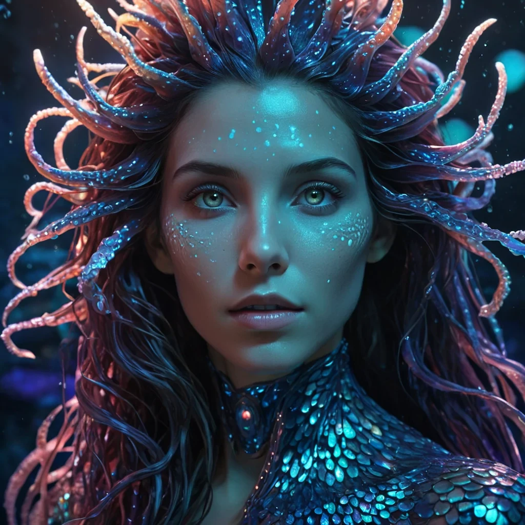 A hyperrealistic, 4K, ultra HD portrait of an aquatic sorceress, her scales shimmering with the colors of a vibrant, bioluminescent deepsea world. The sorceresss eyes, a deep, enigmatic sapphire, hold the secrets of a thousand oceanic tides. Her hair, a cascade of shimmering, holographic waves, gently pulses with each beat of her tidal heart. The background is a surreal, hightech underwater laboratory filled with floating, selfassembling coral reefs and the soft glow of quantum hydrophones. Cinematic lighting accentuates the sorceresss otherworldly beauty, while a subtle bokeh effect blurs the neonlit abyss, creating an intimate, focused