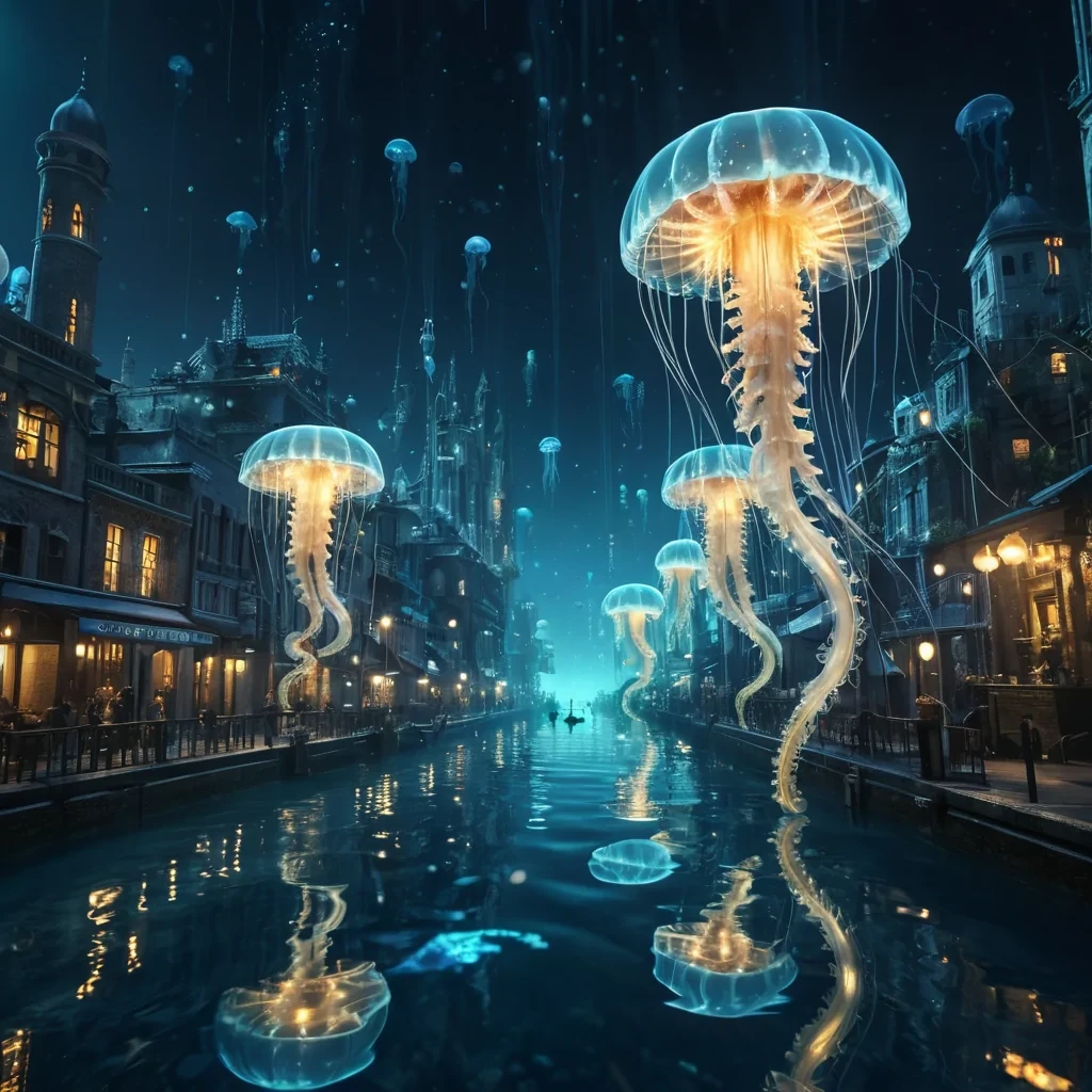 A vast, underwater city illuminated by glowing jellyfish, where inhabitants ride luminescent seahorses through crystalclear canals, hyperrealistic, 4K, cinematic lighting, volumetric lighting, atmospheric effects, dynamic lighting, bokeh effect, soft focus, lens flare, deep blues, shimmering silvers, and radiant golds, detailed textures.