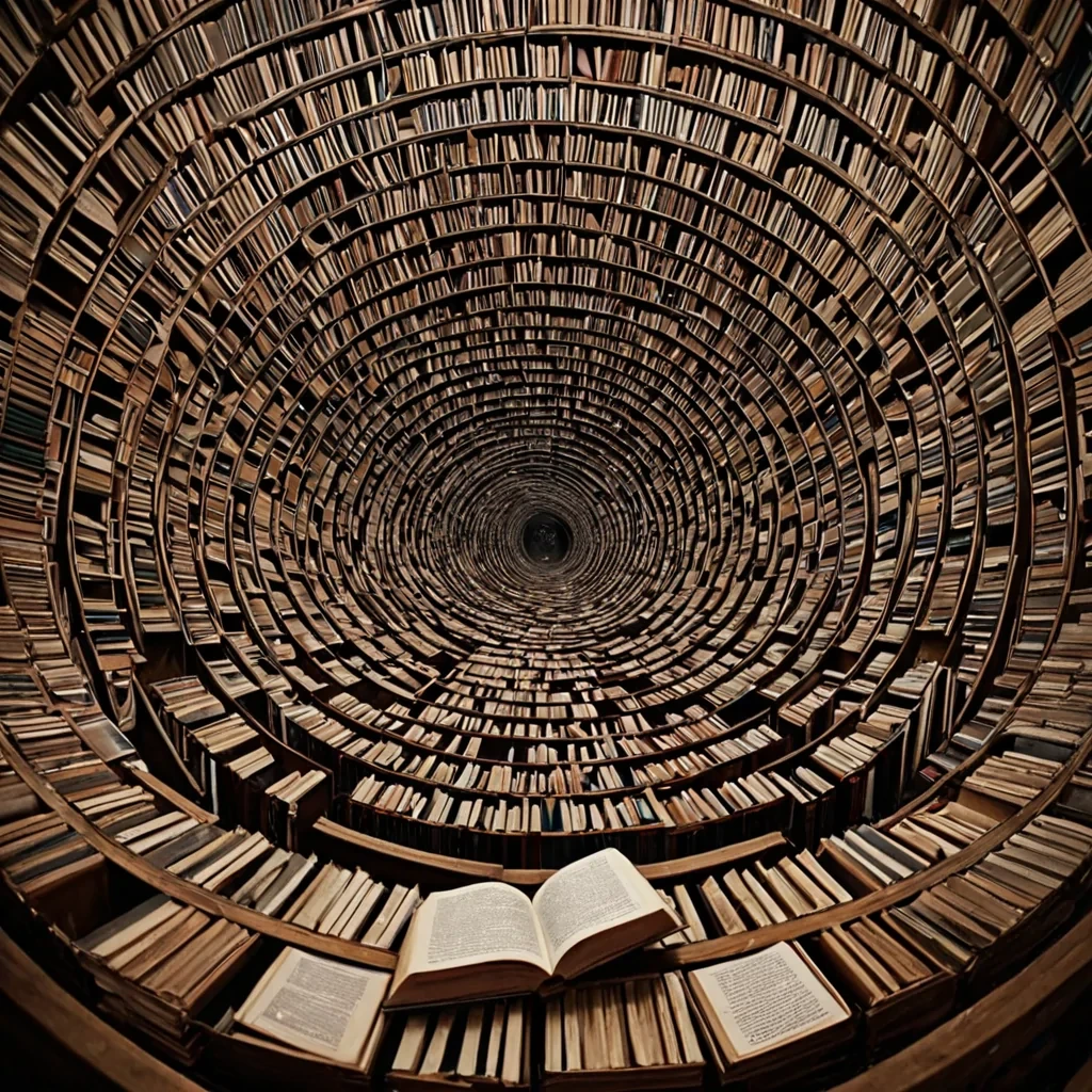 A single, selferoding library of reversed silence, shaped like a 9,127dimensional labyrinth of unformed stillness and inverted acoustics, floats at the center of a vast, inverted ocean of solidified soundwaves  each book bound from the exact moment between a word forming in the mind and its refusal to be spoken, a whisper escaping the lips and dissolving into nonvibrational emptiness, a song beginning in the chest and collapsing into pure, unmeasured nonresonance. The library does not contain stories  it uncontains them, each crumbling shelf shedding a layer of linguistic potential that never coalesced into audible meaning, reforming into ephemeral, obsidianveined afterimages shaped