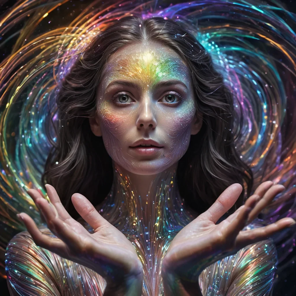 A hyperrealistic, 4K, ultra HD portrait of a quantum artist, her iridescent skin shimmering with the prismatic hues of a rainbow. The artists eyes, a swirling vortex of cosmic light, hold the secrets of the multiverse. Her hands, a cascade of shimmering quantum strings, gently pulse with an ethereal glow as she paints with invisible colors. The background is a surreal, fractal landscape of swirling, holographic dimensions, with distant quantum phenomena and parallel universes casting a soft, prismatic glow. Cinematic lighting accentuates the artists otherworldly features, while a subtle bokeh effect blurs the cosmic backdrop, creating an enchanting atmosphere.