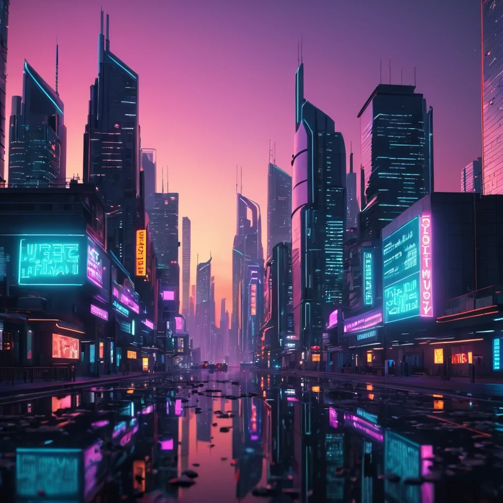 Hyperrealistic futuristic cityscape at dusk with glowing neon signs and reflective skyscrapers, volumetric lighting, dynamic shadows, soft focus, vibrant colors, 4K