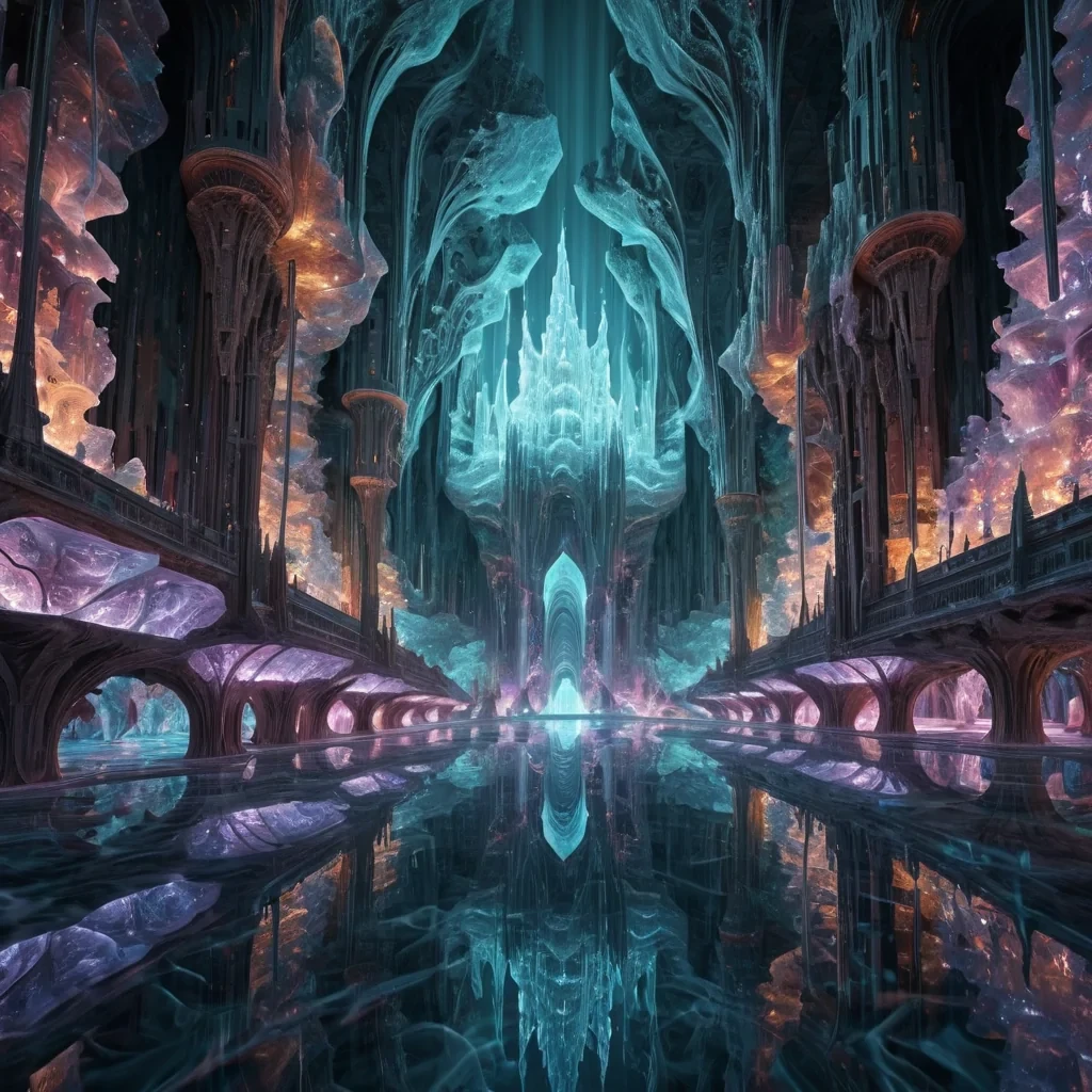 A hyperrealistic, 4K, ultra HD depiction of an opalescent, crystalline underground city, its geometric structures and undulating spires etched in intricate, fractal patterns. Volumetric lighting from a distant, pulsating, bioluminescent source bathes the scene in a mesmerizing symphony of vibrant, prismatic hues. Cinematic lighting accentuates the citys central, radiant, luminescent pool, its rippling, liquid surface casting ethereal reflections on the surrounding, geometric formations. Photorealistic, fractal, zerogravity water formations unfurl in a surreal dance, creating an otherworldly, aquatic ballet.