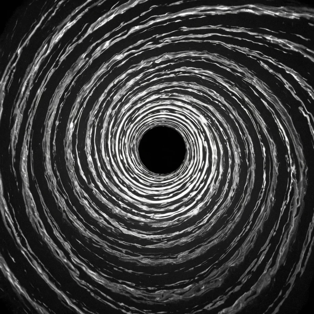 A single, selfreflecting vortex of inverted light, shaped like a 689dimensional spiral of unformed visibility and reversed illumination, rotates at the center of a vast, inverted mirrorlake of solidified darknesseach ripple frozen middistortion in the exact moment between a reflection forming and its refusal to mirror, a shadow stretching and its sudden collapse into pure nonrefraction, a gaze meeting its own image and dissolving into a void of unacknowledged presence. The vortex does not reflectit unreflects, each shimmering helix shedding a layer of luminous potential that never coalesced into a shared image, reforming into ephemeral, selenitethreaded afterimages shaped like the negative space between