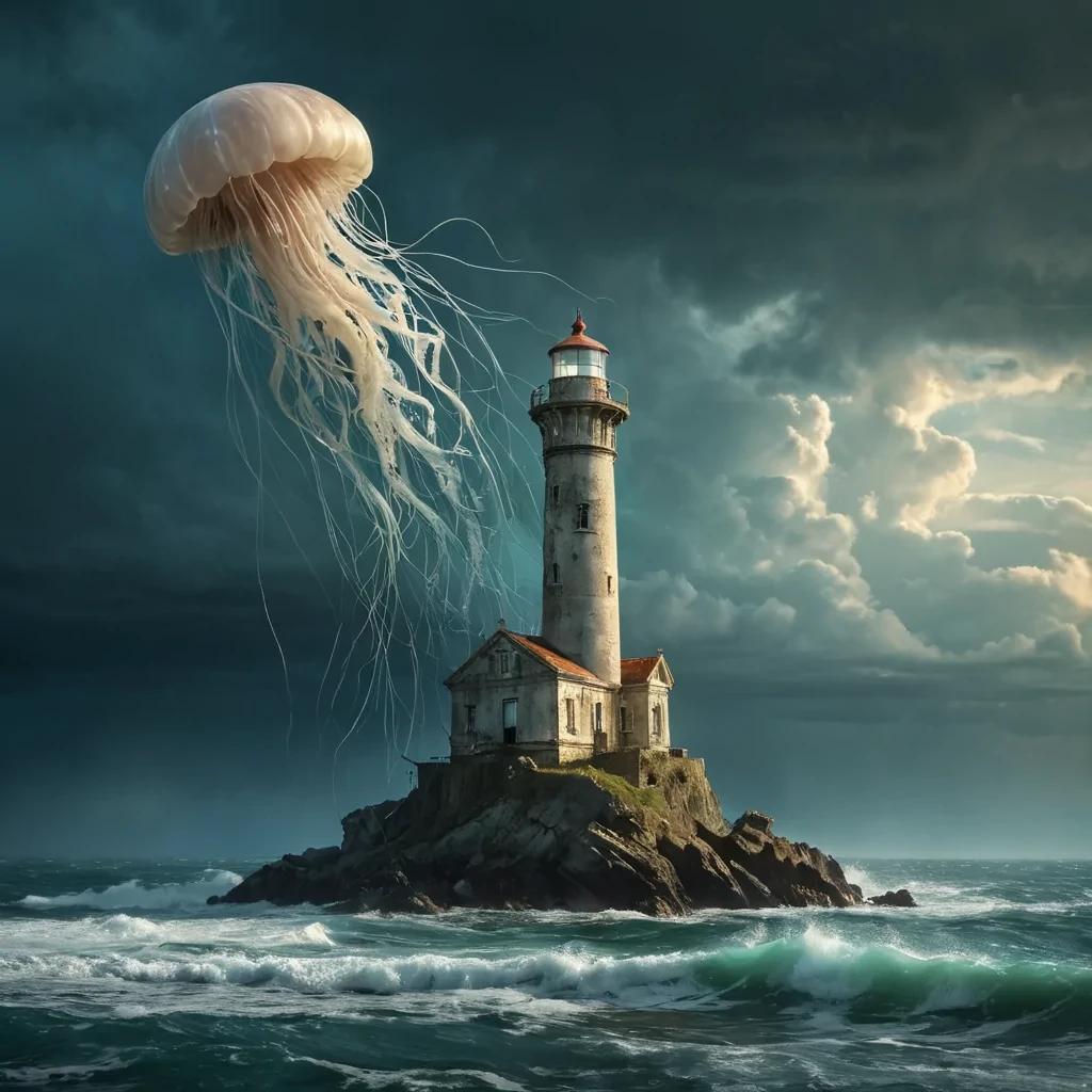 An abandoned, colossal, ancient lighthouse, its oncepristine, ivory stone now weathered and mosscovered, stands sentinel over an endless, stormtossed, cerulean sea. A lone, spectral, levitating, iridescent jellyfish, its tendrils dancing in the relentless wind, hovers beside the lighthouse, casting an ethereal, pulsating glow on the crumbling structure. The scene is captured in Ultra HD with dynamic lighting, atmospheric effects, and vibrant colors, evoking a sense of melancholic beauty and isolation.