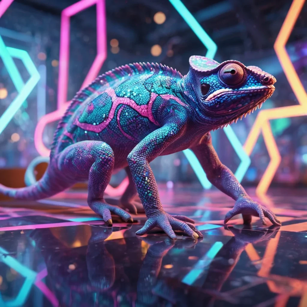 Hyperrealistic neon chameleon with iridescent skin, gracefully perching on a floating, geometric labyrinth of reflective, swirling pastel rhombuses, dynamic lighting with volumetric beams, soft focus on its delicate, luminescent body, vibrant colors, 4K resolution, lens flare dancing around its ethereal form in a surreal, futuristic urban sanctuary.