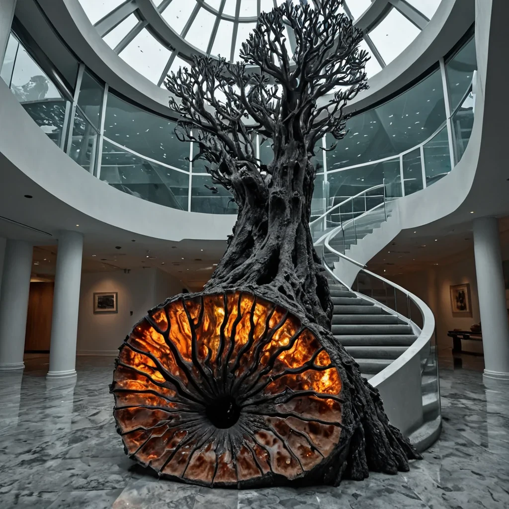 A hyperrealistic, vertical composition of a massive, ancient tree stump cut from a single, solid block of compressed, translucent coral, standing in the center of a silent, indoor atrium with floortoceiling windows overlooking a stormy, monochromatic gray ocean. The interior of the stump is hollowed out to form a spiraling staircase made of smooth, dark, polished obsidian steps that descend into a glowing, warm amber pit at the core. The walls of the spiral are encrusted with thousands of tiny, perfectly spherical pearls that are not white, but a deep, electric neon blue, each one emitting a faint, cool light. A single, slender rope ladder made of woven, iridescent abalone shell fragments hangs