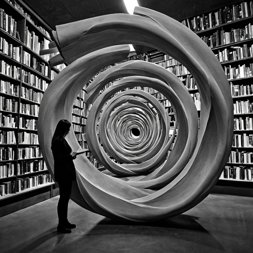 A single, selfoscillating filament of solidified silence, shaped like a spiraling, nonreflective helix of reversed resonance, pulses at the center of a vast, suspended library where the books are not bound in leather or paper, but in the compressed, unspoken words of a civilization that communicated through the duration of mutual breathholding. The filament does not glowit unwhispers, each twist dissolving a layer of language that never coalesced, reforming into ephemeral, monochrome pages shaped like the negative space between two lips that never formed the same syllable in the same moment of shared hesitation. The library is not literaryit is a layered expanse of petrified intention, each shelf etched with