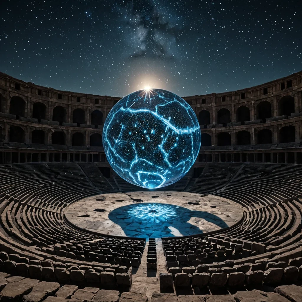 A wideangle, cinematic shot of a colossal, ancient amphitheater constructed from smooth, polished obsidian and pale, veined marble, situated in a vast, silent desert under a sky dominated by two large, overlapping moons. The audience seating is not static but consists of thousands of interlocking, hexagonal tiles that shift and rotate in a slow, hypnotic pattern, creating a mesmerizing optical illusion of moving water. In the center of the stage, a massive, translucent sphere made of clear, flexible polymer hovers, filled with a swirling, chaotic mix of golden dust and tiny, glowing blue particles that resemble a miniature nebula. The lighting is dramatic, with sharp, cool shadows cast by the hexagonal tiles contrasting with the warm,