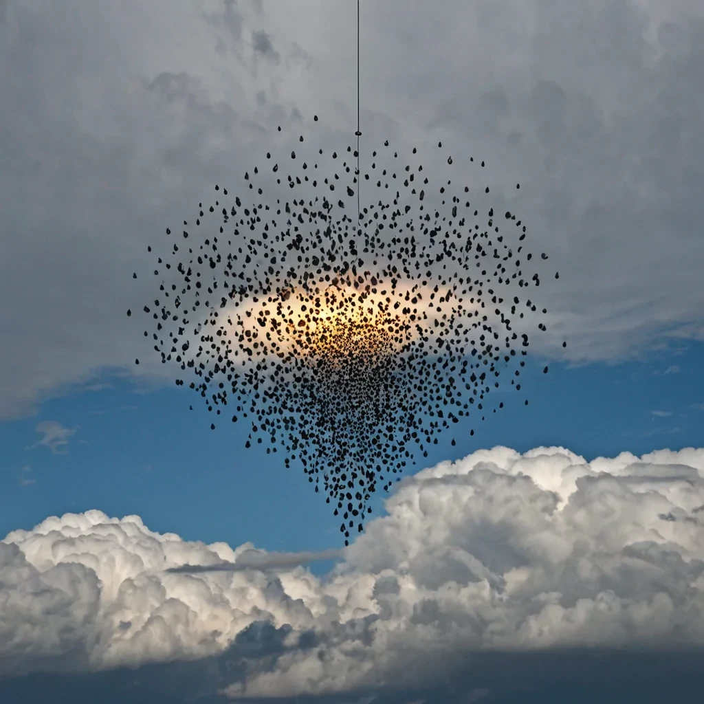 A single, selfsustaining cluster of inverted raindrops hangs suspended in the center of a vast, inverted sky filled with floating, petrified clouds shaped like the silhouettes of forgotten childrens drawings. The drops are not waterthey are solidified moments of laughter captured midscream, each one refracting light into a spectrum of colors that only appear when viewed from the inside out. The cluster does not fallit rises, expanding with each breath, drawing the emotional weight of a thousand unspoken jokes into its core, condensing into a dense, iridescent sphere that pulses with the harmonic resonance of a laugh that never reached an ear. The clouds are not vaporthey are layered strata of fossilized joy, each ripple et