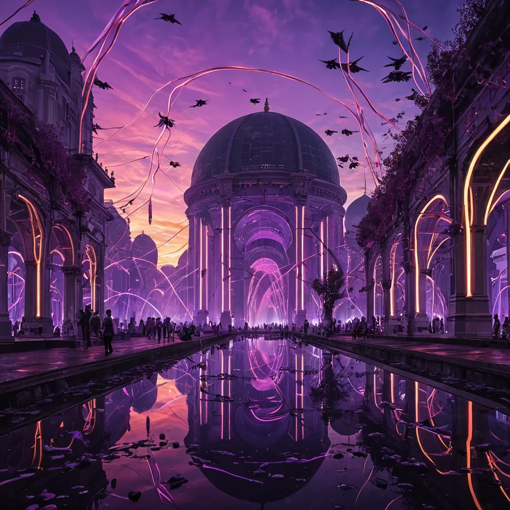A futuristic megalopolis stretches endlessly under a lavender sky streaked with wisps of neon clouds. Smoky silhouettes of towering domed skyscrapers reflect rippling light in mirrored pools, where slender, chrometextured pathways extend like branching veins. A sleek, crimson glider with translucent wings drifts gracefully between the structures, casting dynamic shadows that dance beneath its path. Below, a bustling marketplace unfolds, its stalls adorned with bioluminescent vines that glow with vibrant hues of sapphire and amber. The air buzzes with the motion of neonlit drones zipping between shapes and colors, while vivid pastel ribbons swing through the wind, catching the volumetric light scattered by floating harvest bells. In the distance,