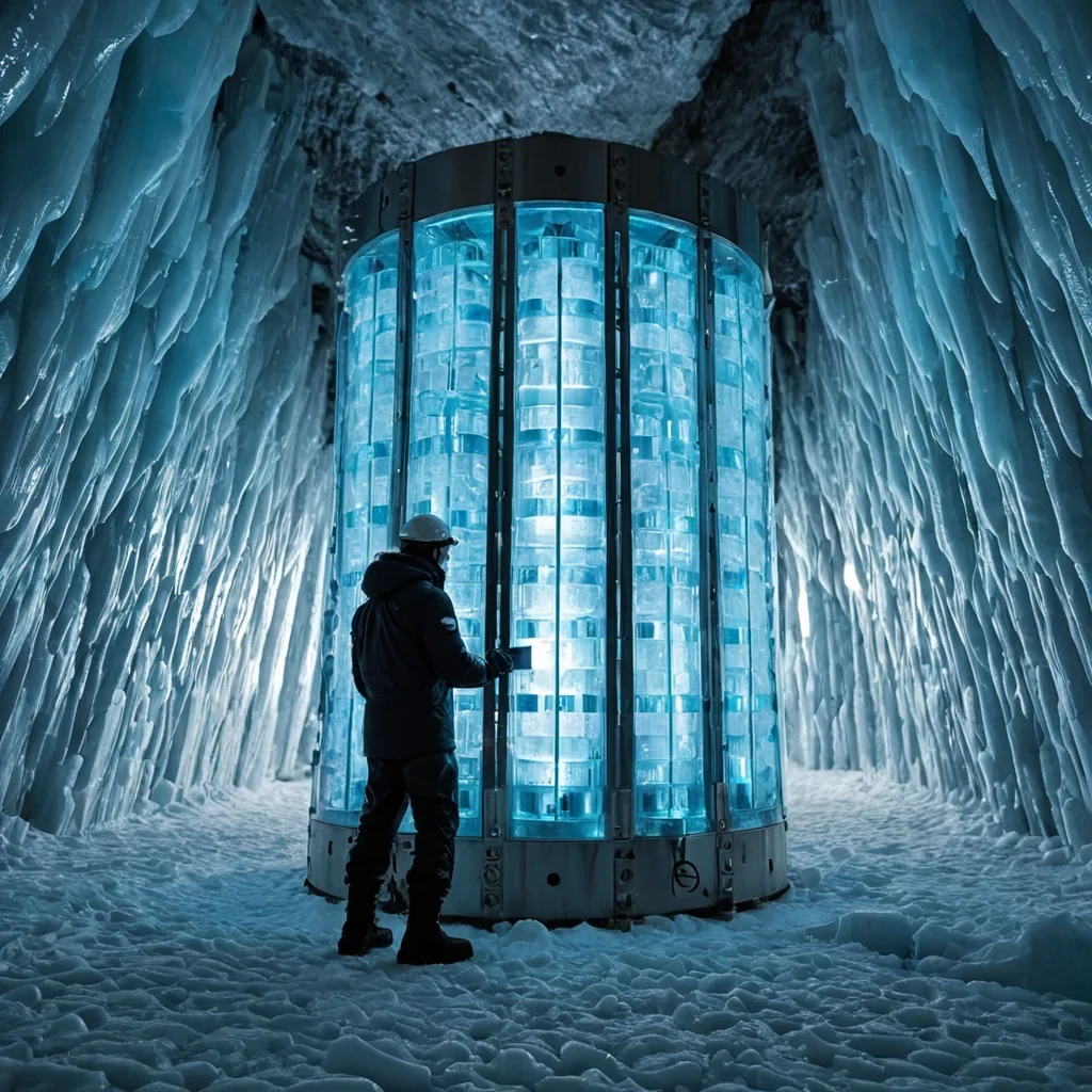A horizontal, eyelevel wide shot of a sprawling, subterranean data vault carved directly into the base of a massive, frozen glacier, where the air is crisp and filled with fine, diamonddust snow that sparkles under the harsh, directional beams of industrial halogen lights. The central focus is a colossal, monolithic server rack made entirely of stacked, translucent blocks of bluetinted acrylic and brushed aluminum, emitting a soft, pulsing cyan glow from within. Surrounding the server are rows of towering, cylindrical cryotanks filled with swirling, opaque white vapor, each sealed with heavy, riveted steel caps. In the foreground, a figure wearing a bulky, insulated parka made of quilted, navyblue nylon with