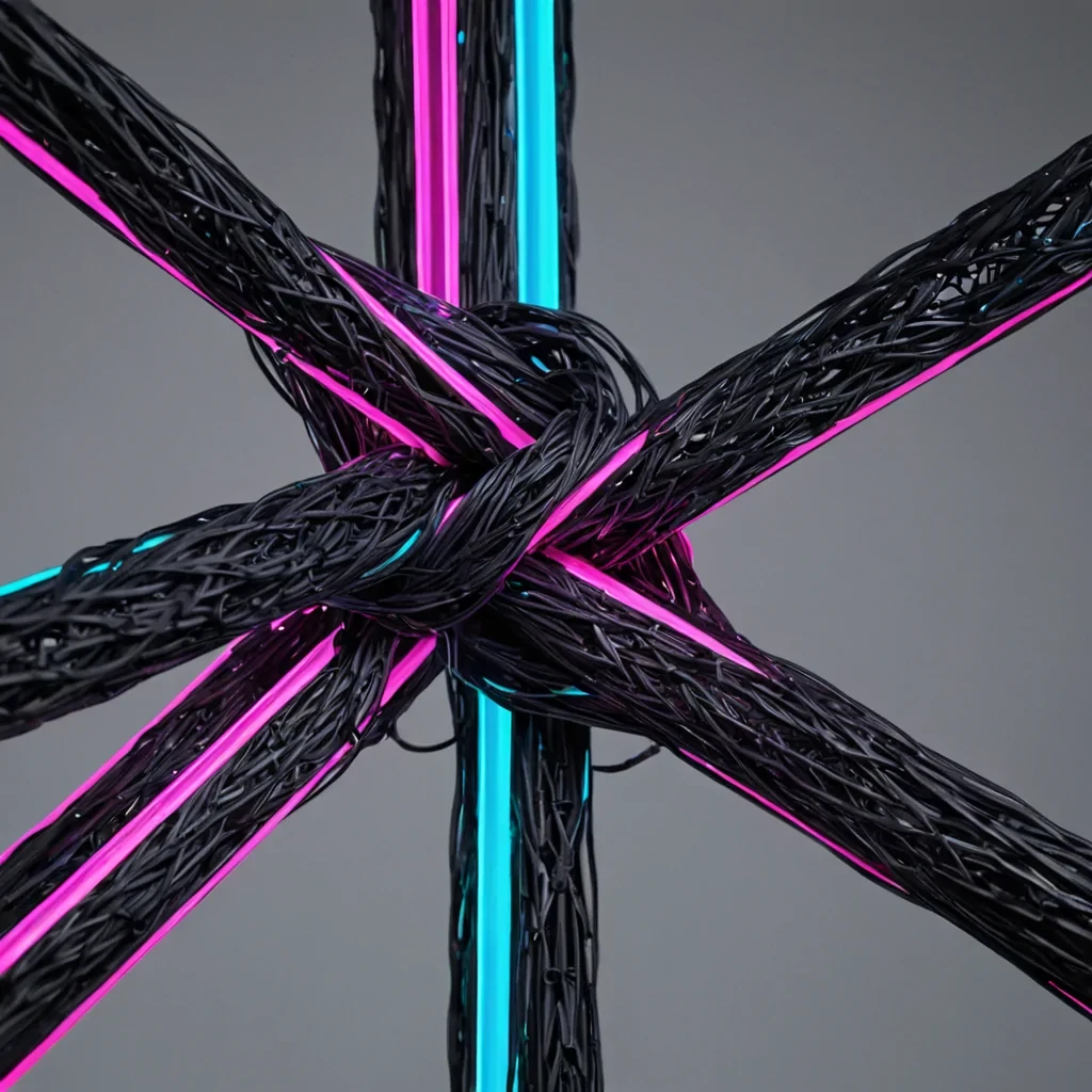 A hyperrealistic, lowangle closeup of a massive, suspended loom mechanism weaving a tapestry from strands of liquid neon light and solidified shadow. The warp and weft are not made of thread, but of glowing, viscous filaments in electric violet and deep cyan, intertwining with rigid, matteblack carbon fiber rods. A pair of delicate, robotic arms with translucent silicone joints deftly manipulate the materials, creating a complex, threedimensional knot that appears to breathe. The background is a stark, minimalist void of soft gray, punctuated by floating, hexagonal dust particles that catch the vibrant light. The lighting is crisp and studioquality, highlighting the glossy sheen of the neon strands and the matte texture of the carbon