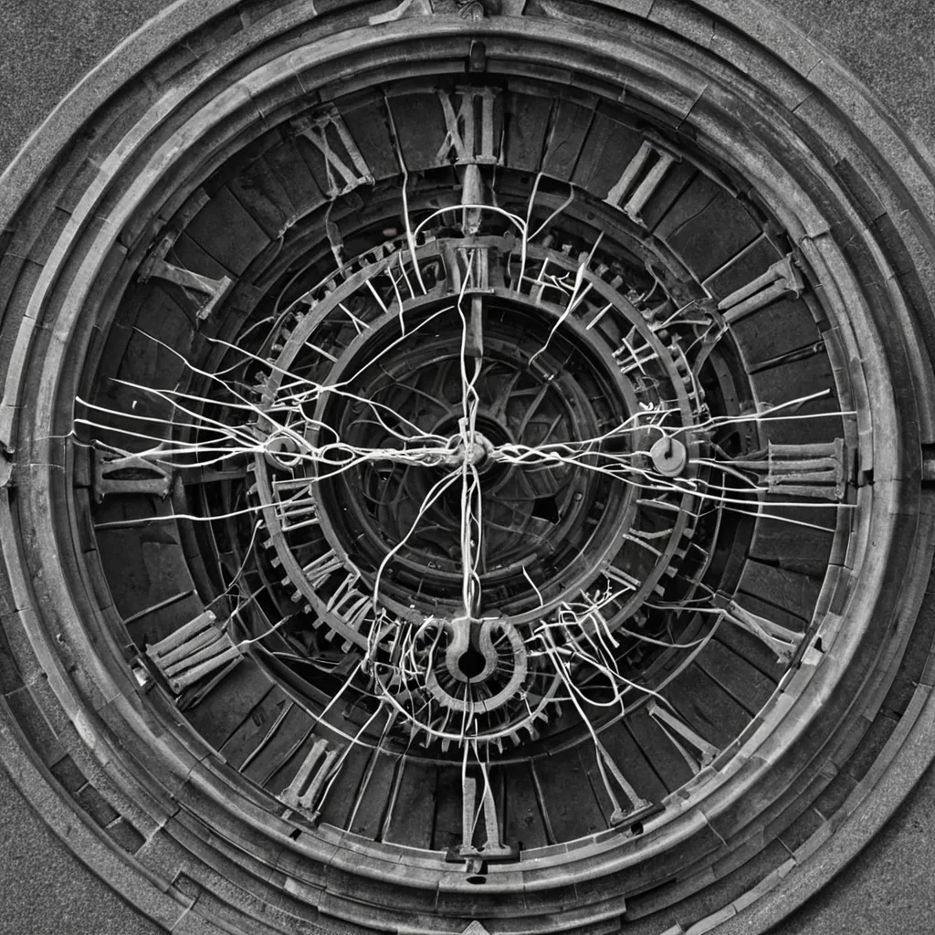 A single, selfunfolding tangle of liquid time, shaped like a 317dimensional knot of reversed chronology and inverted causality, flows through the center of a vast, inverted clocktower of solidified stasiseach gear frozen midturn in the exact moment between a second ticking and its refusal to pass, a pendulum swinging and its sudden suspension in pure stillness, a chime ringing and its silent unraveling into nonvibrant air. The tangle does not flowit unflows, each shimmering thread shedding a layer of temporal potential that never coalesced into a shared sequence, reforming into ephemeral, bismuththreaded afterimages shaped like the negative space between two hands that never touched