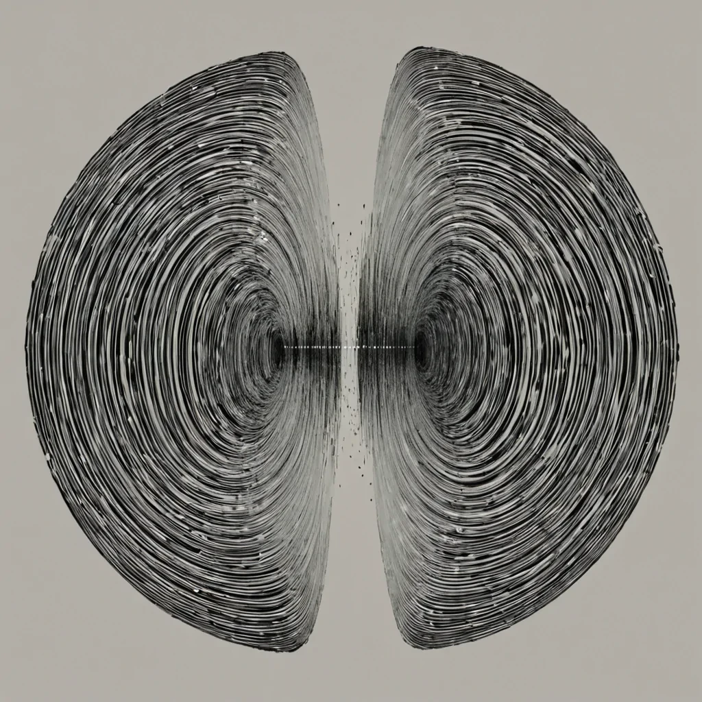 A single, selfunfurling scroll of solidified static, shaped like a fractalized, pulsating ribbon of reversed signal and unformed data, drifts through the center of a vast, inverted datastream composed of the petrified transmissions of a civilization that communicated through the duration of synchronized, silent listening to the same untransmitted frequency. The scroll does not decodeit untransmits, each ripple dissolving a layer of digital potential that never coalesced into a shared message, reforming into ephemeral, neonthreaded afterimages shaped like the negative space between two receivers that never tuned in unison during the same moment of mutual silence. The datastream is not electronicit is a stratified expanse of compressed silence