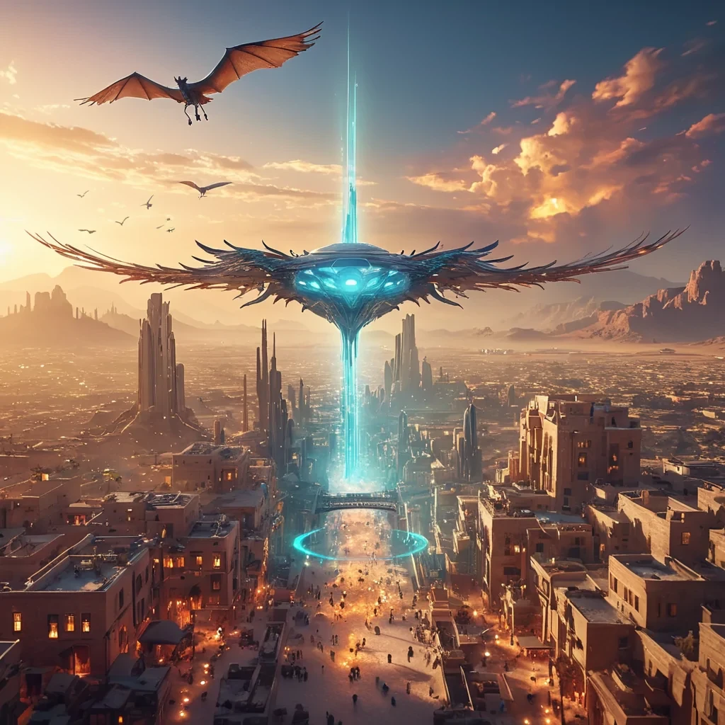 A levitating, translucent cityscape hovers above a vast, shimmering desert, connected by glowing bridges, while luminescent, winged creatures glide between the buildings, hyperrealistic, 4K, cinematic lighting, volumetric lighting, atmospheric effects, bokeh effect, lens flare, vibrant colors, detailed textures.