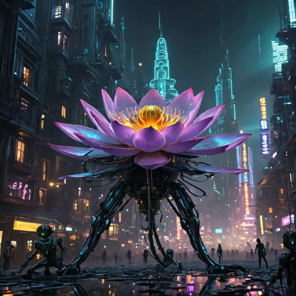 A colossal, ancient, mechanical lotus, its metallic petals unfurling to reveal a labyrinthine, neonlit city within, blooms from the heart of a vast, undulating, obsidian plain. Suspended within the lotus stamen, a holographic, sentient, mechanical swarm of dragonflies dances, casting ephemeral shadows on the citys inhabitants sentient, robotic, reptilian creatures. Rendered in ultra HD, with volumetric lighting, atmospheric effects, and vibrant colors, evoking a sense of surreal, otherworldly wonder.