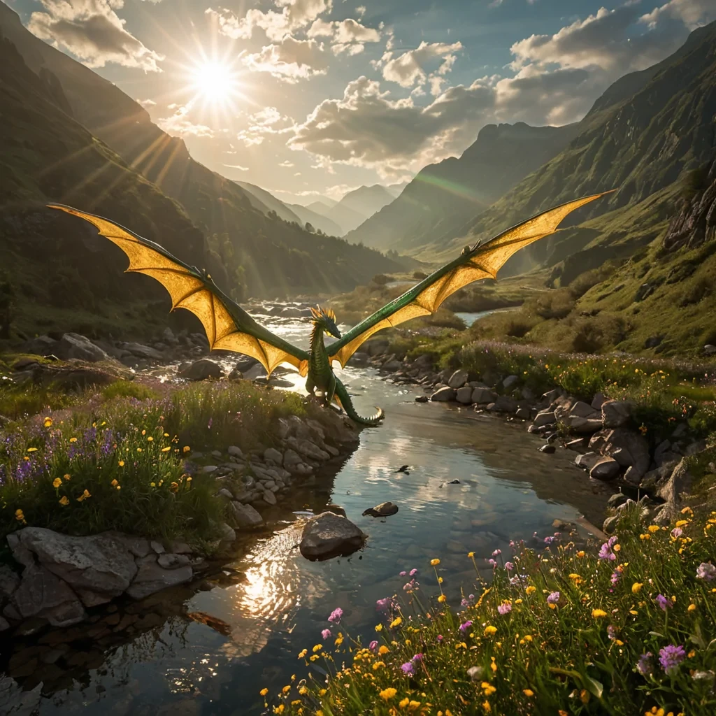 A graceful dragon with emerald scales and golden wings soars through a mistveiled mountain valley. The sunlight dances on its shimmering wings, casting radiant reflections that seem to ripple through the surrounding mist. Below, a glistening river winds through the landscape, its surface dotted with reflections of the dragons radiant wings. The rocky path along the riverbank is adorned with wildflowers, their delicate petals catching the light. The atmosphere is ethereal, with soft focus emphasizing the dragons silhouetted form against the backdrop of layered hills and distant clouds. Volumetric lighting bathes the entire scene in a warm, golden glow, while lens flare adds an extra touch of magic to the composition.