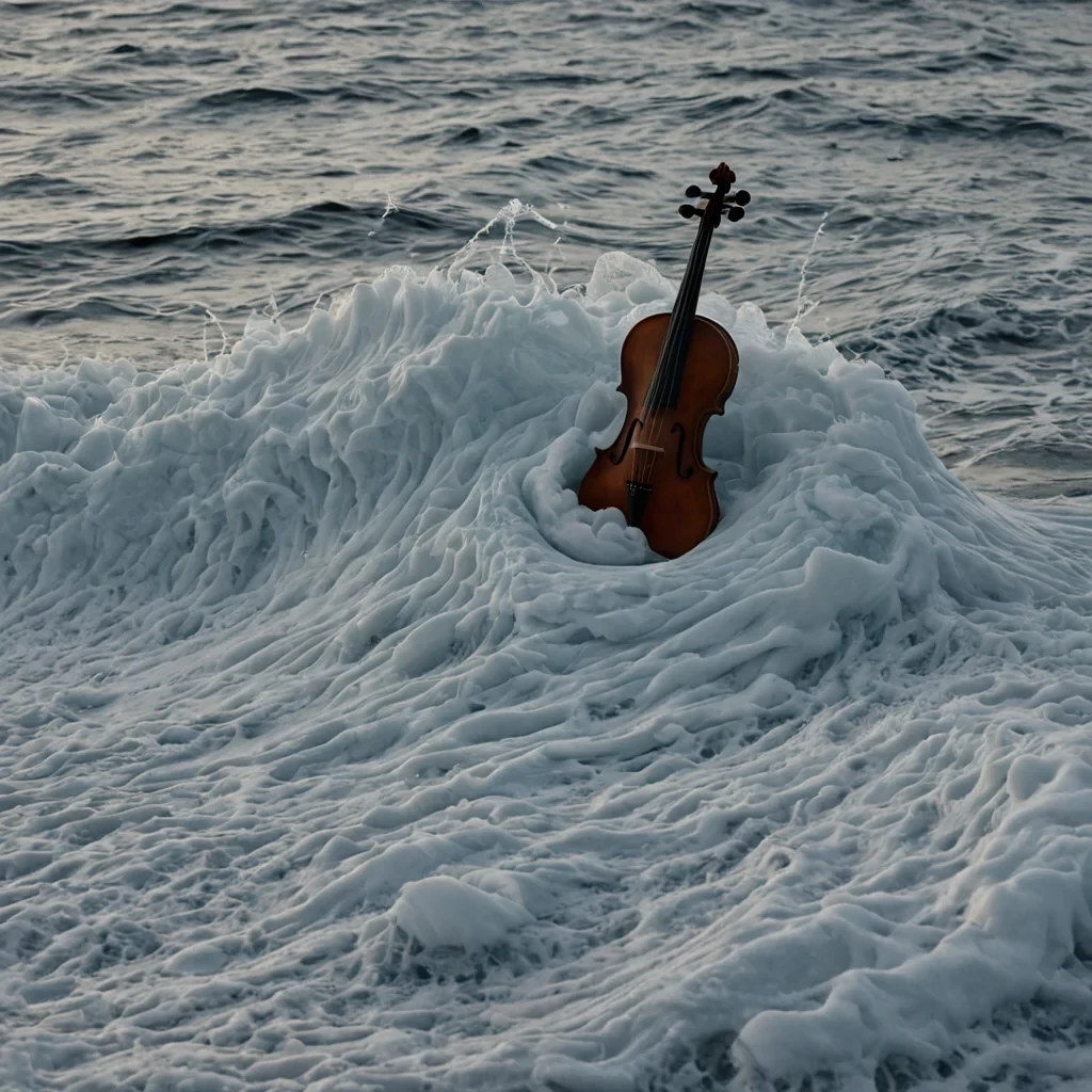 A single, selfrippling horizon of reversed sound, shaped like a 7,301dimensional wavefront of unformed resonance and inverted vibration, undulates across a vast, inverted ocean of solidified silence  each crest carved from the exact moment between a violin string being plucked and its refusal to vibrate, a whisper forming in the throat and dissolving into nonacoustic stillness, a heartbeat syncing with the tides and collapsing into pure, unmeasured nonharmony. The wave does not transmit sound  it untransmits it, each cresting arc shedding a layer of auditory potential that never coalesced into perceptible frequency, reforming into ephemeral, sapphireveined foam that bubbles and collapses into