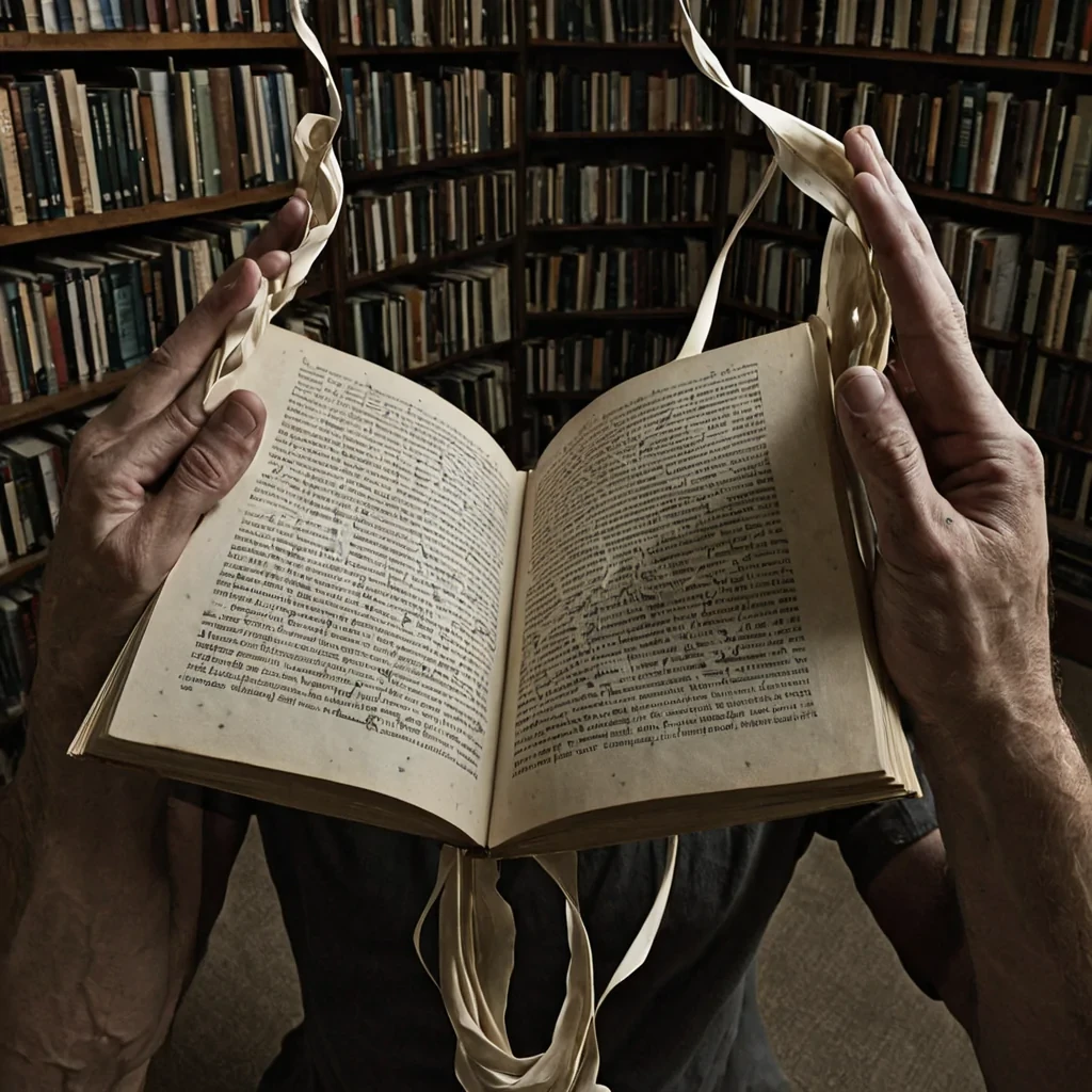 A single, selfunfolding scroll of solidified silence, shaped like a 31dimensional Mbius ribbon woven from the inverted gravity of unspoken apologies and unformed reconciliations, drifts through the center of a vast, inverted library built from the petrified echoes of a civilization that measured time through the duration of synchronized, silent reading of the same unwritten book. The scroll does not unrollit unreads, each twist dissolving a layer of narrative potential that never coalesced into a shared understanding, reforming into ephemeral, moonlightthreaded afterimages shaped like the negative space between two hands that never turned the same page in the same moment of mutual recognition. The library is not textualit is a