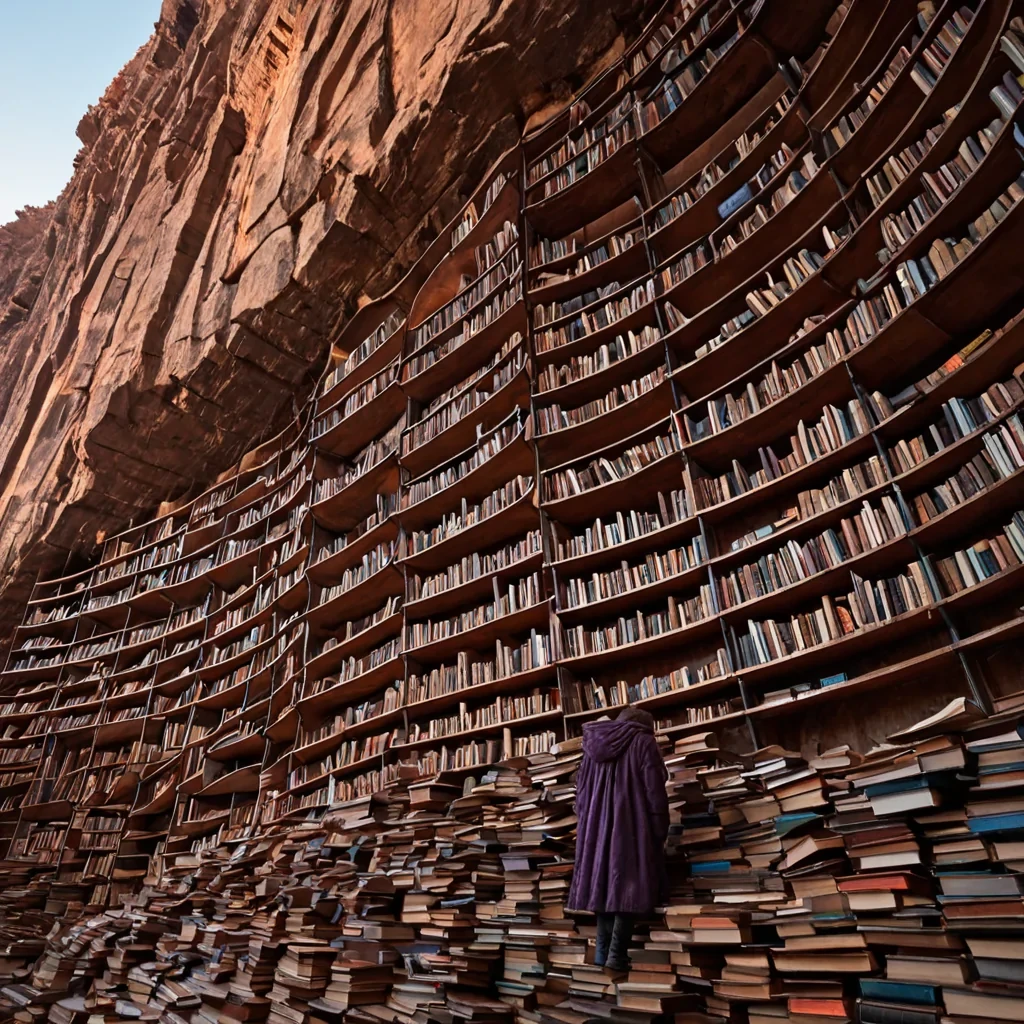A wideangle, cinematic shot of a towering, vertical library carved directly into the sheer face of a massive, rustorange cliff, where the books are not bound in paper but are suspended, flat sheets of polished, hammered copper that hang vertically like hanging scales, rusted by time and weather, glowing with a dull, warm patina. The shelves are not wood or metal, but living, calcified bone structures that jut out from the rock, curved and organic, supporting thousands of these copper sheets that flutter slightly in the dry wind. In the foreground, a small, solitary figure in a heavy, quilted coat of deep violet wool stands on a narrow stone ledge, looking up at the wall of books, their silhouette sharp against the bright,