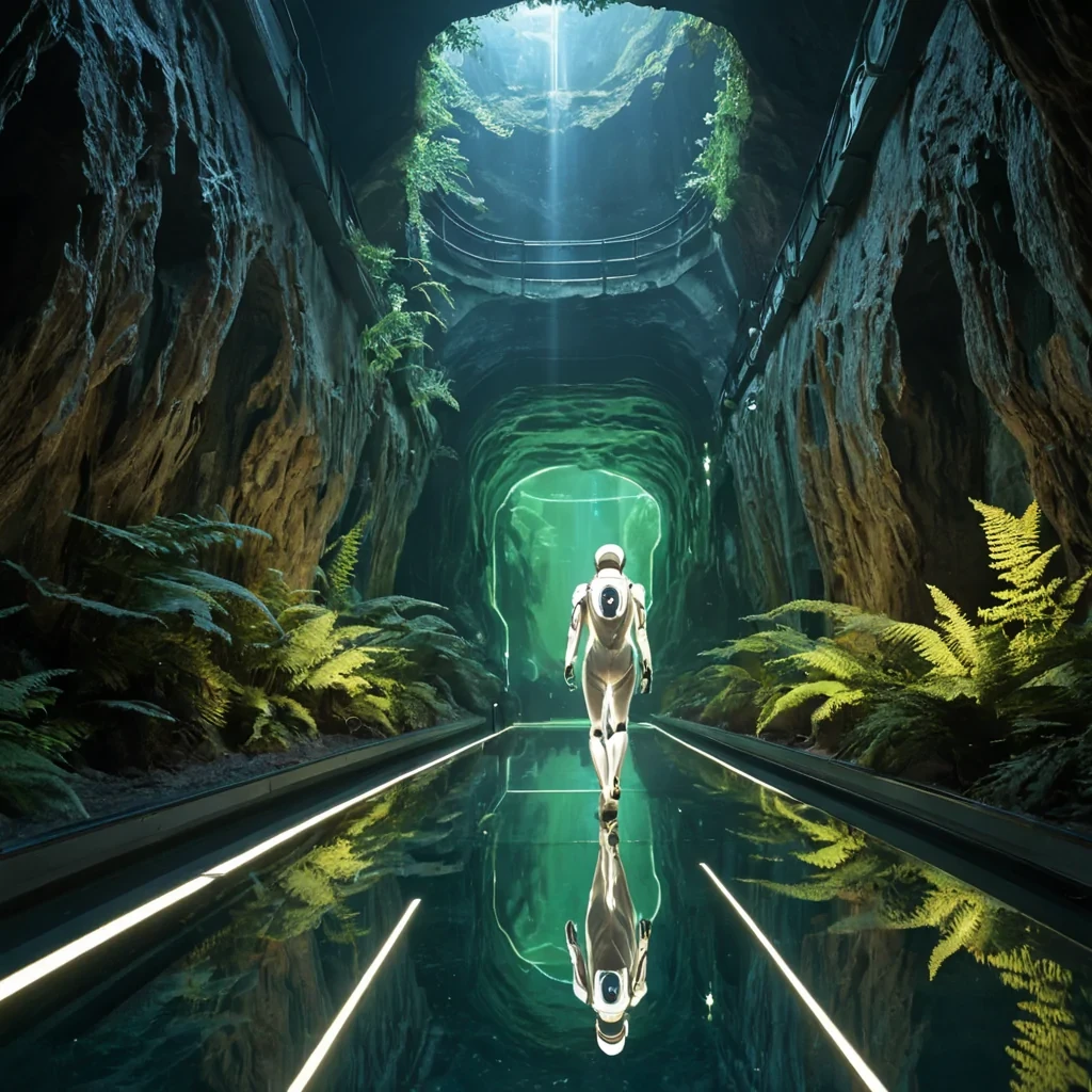 A photorealistic, eyelevel medium shot of a tranquil, elevated walkway constructed from translucent, honeycombed aerogel, suspended high above a dense canopy of bioluminescent ferns in a subterranean cavern. The walkway curves gently around a massive, vertical cliff face made of smooth, white marble veined with pulsating lines of soft gold light. In the center of the frame, a solitary figure wearing a sleek, white exosuit with integrated holographic displays walks away from the camera, their reflection mirrored perfectly in a shallow, still pool of mercurylike liquid that covers a section of the walkway. The surrounding air is filled with floating, spherical particles of iridescent dust that catch the ambient glow from the