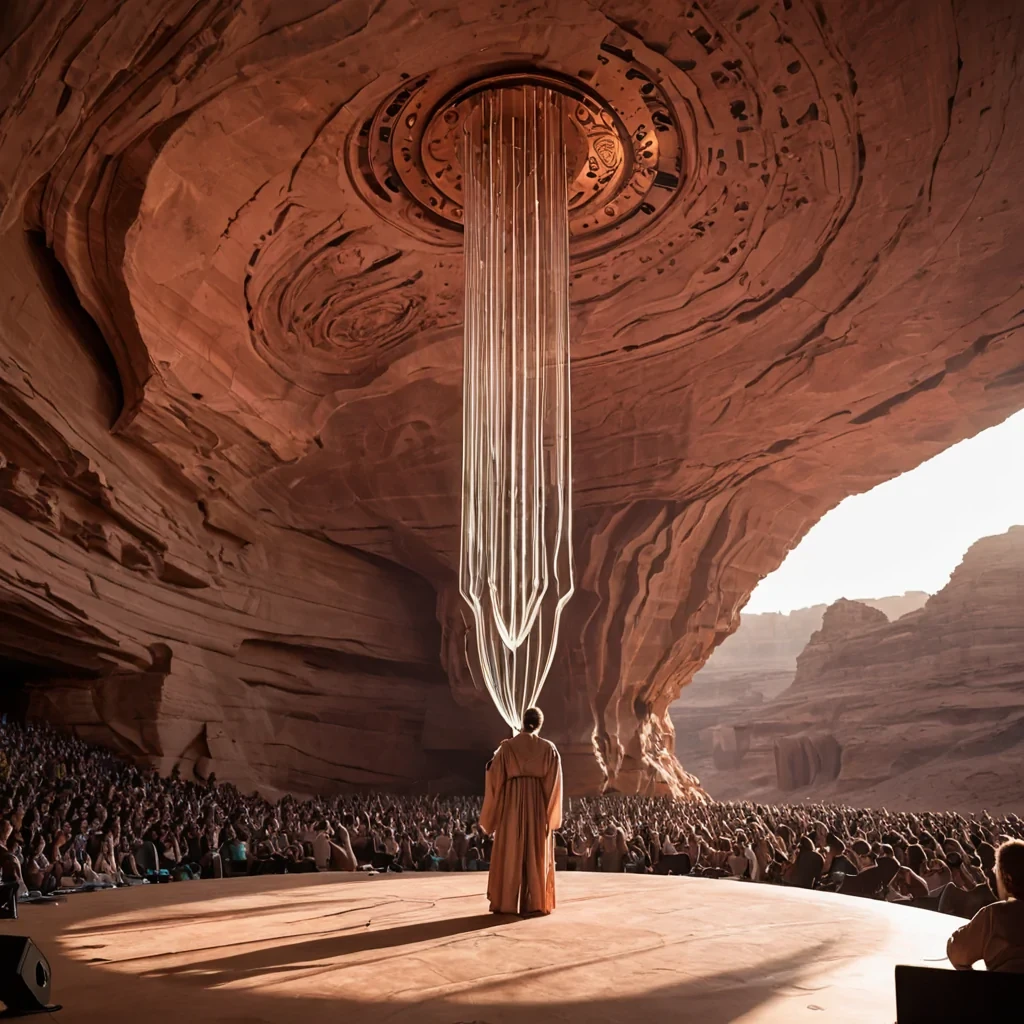 A horizontal, eyelevel medium shot of a vast, openair concert hall carved into the side of a colossal, floating sandstone cliff on an arid, windswept alien planet. The architecture is defined by smooth, organic curves of polished rose quartz and brushed copper, where thousands of slender, windchimelike tubes made of hollow glass hang from the ceiling, vibrating gently in the breeze. In the center of the stage, a solitary musician wearing a flowing, earthtoned robe with intricate geometric embroidery plays a massive, lyreshaped instrument strung with glowing fibers of pure light. The air is filled with visible, swirling dust motes that catch the warm, golden hour sunlight, creating a hazy, atmospheric glow. The background
