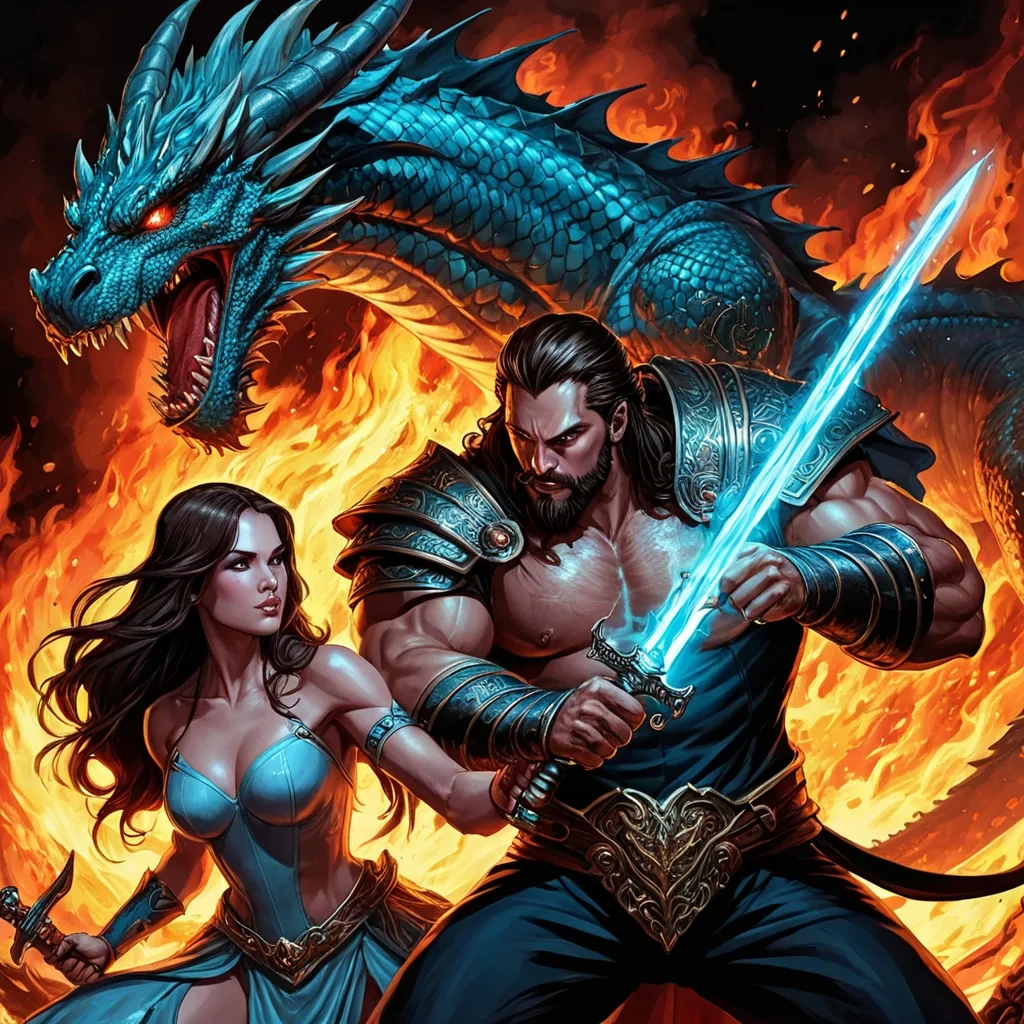 A modern handsome evil king has gotten chubby and grown a little beard with a sword in his hand dressed very nice with beautifully dressed beautiful brunette women with long hair fighting a fire breathing dragon
