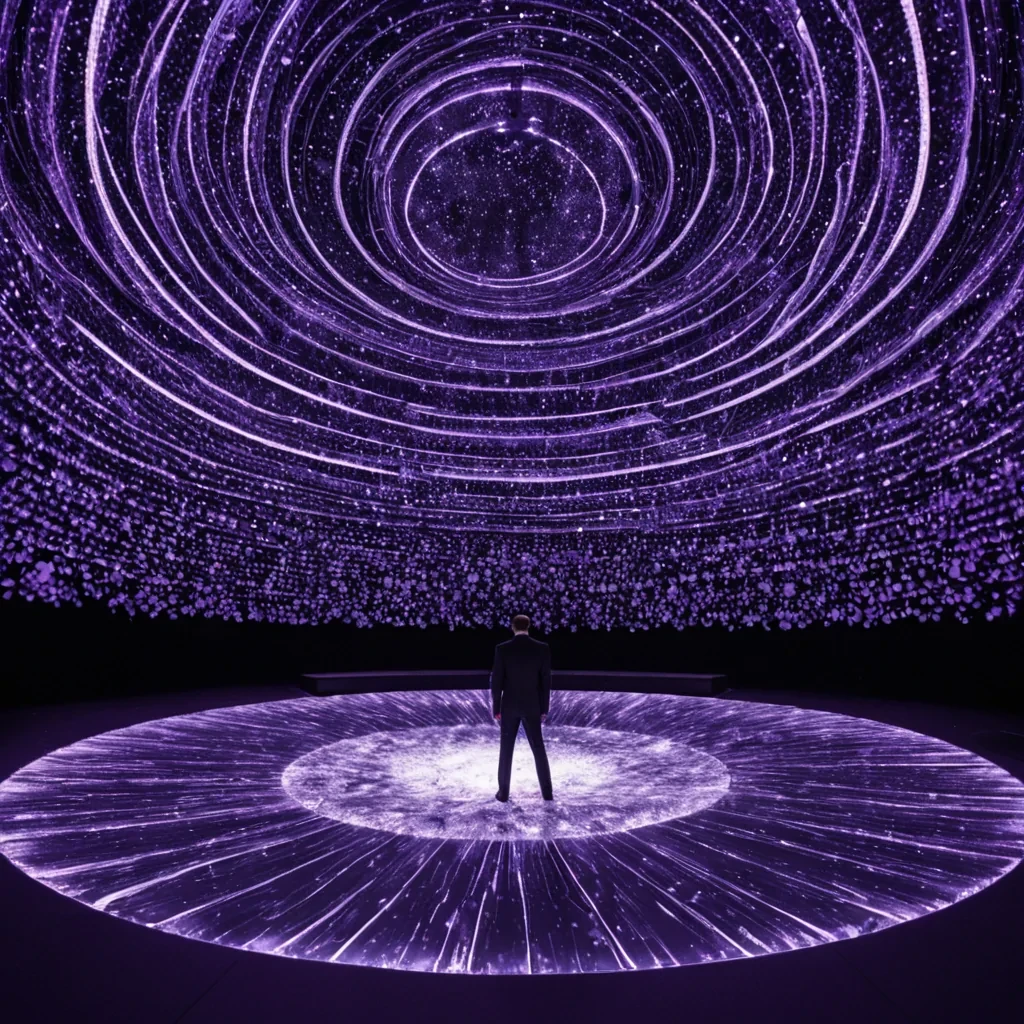A horizontal, eyelevel wide shot of a vast, suspended amphitheater built entirely from woven strands of glowing, fiberoptic cable, set against the backdrop of a deepspace nebula swirling in hues of violet and indigo. The seating tiers curve inward like the petals of a cosmic flower, each row emitting a soft, rhythmic pulse of warm amber light that travels from the center outward. In the center stage, a colossal, translucent sculpture of frozen liquid mercury captures and refracts the ambient starlight, creating complex, shifting caustic patterns on the floor made of polished, dark slate tiles. In the foreground, a figure wearing a minimalist, asymmetrical suit of matte white ceramic plates and flowing, sheer organza fabric stands with arms