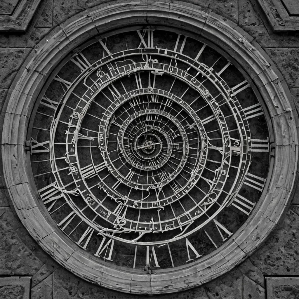 A single, selfrewriting cluster of solidified time, shaped like a fractal, nonlinear tangle of reversed chronology, pulses at the center of a vast, suspended clocktower built from the compressed, unmeasured moments of a civilization that communicated through the duration of synchronized, silent waiting. The cluster does not tickit uncounts, each spiral dissolving a layer of seconds that never coalesced into minutes, reforming into ephemeral, obsidianveined afterimages shaped like the negative space between two hands that never met on the same hour. The clocktower is not temporalit is a layered expanse of petrified anticipation, each gear etched with the kinetic residue of a second that was almost lived,