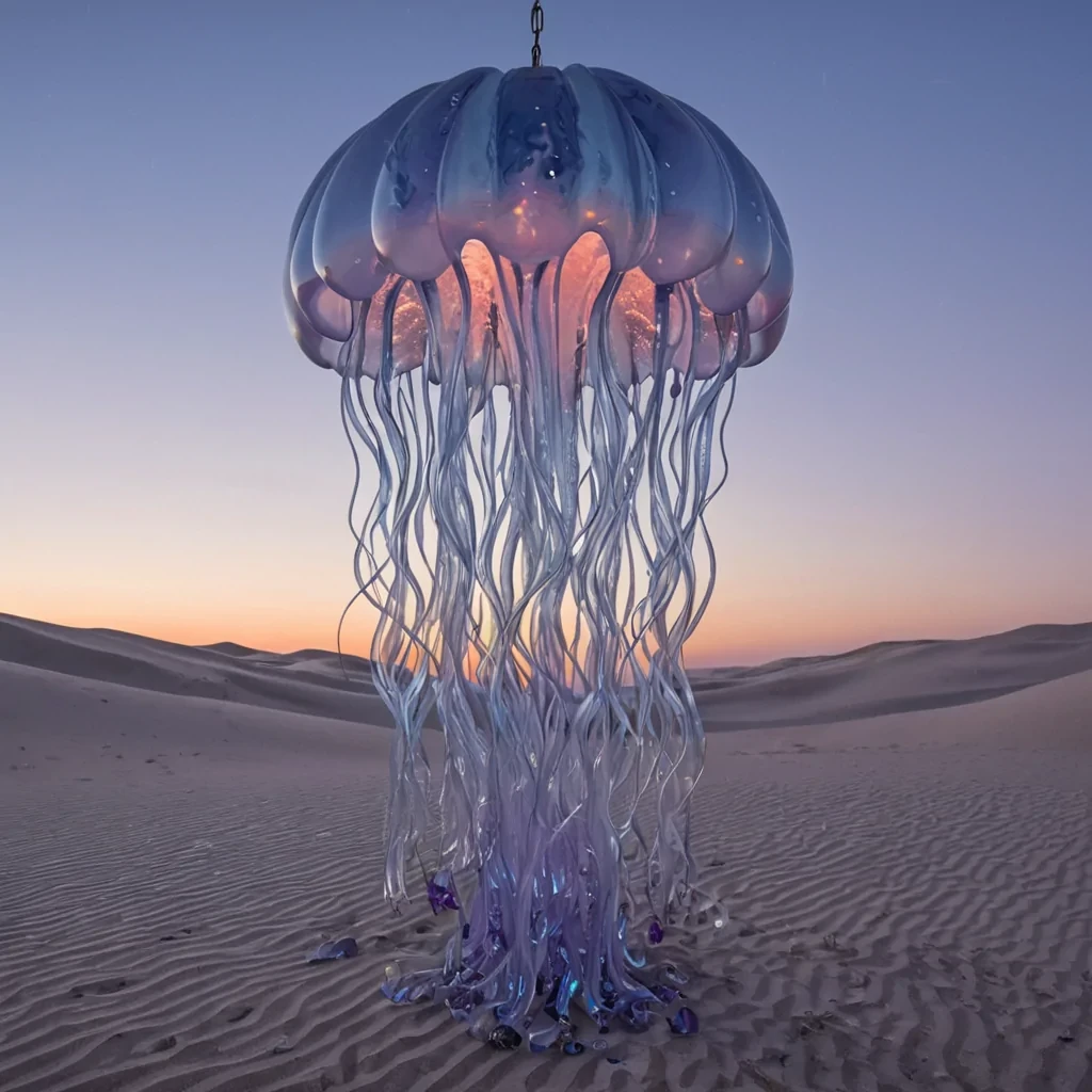 A horizontal, eyelevel wide shot of a vast, undulating desert composed entirely of fine, iridescent blue glass shards that shimmer like a frozen ocean under a sky dominated by three overlapping, pale crescent moons. In the center stands a towering, organic structure resembling a giant, translucent jellyfish, its bell made of stretched, semiopaque latex in soft gradients of peach and lavender, while hundreds of delicate, glowing tentacles drape down to touch the ground, pulsing with gentle bioluminescence. Scattered across the glass dunes are small, geometric wind chimes crafted from raw copper and polished obsidian, each one suspended by thin, silver wires that catch the breeze. In the foreground, a solitary figure wearing a sleek