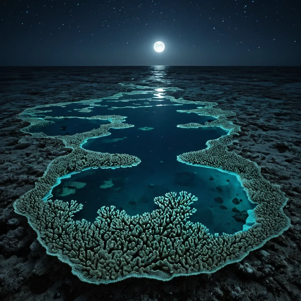 A single, floating archipelago of translucent, bioluminescent coral reefs drifts in the center of a vast, still expanse of liquid moonlight, each reef not made of calcium carbonate but of solidified dreams from a civilization that communicated through the scent of unlit stars. The reefs do not growthey pulse, expanding and contracting with the rhythm of a breath that never existed, their branches shaped like the negative space between two hands reaching across a chasm of forgotten time. The liquid moonlight is not waterit is a thick, viscous medium of unobserved tides, each ripple revealing the ghostly outline of a shoreline that never formed, glowing with the faint, shifting hues of a language spoken only in the silence after