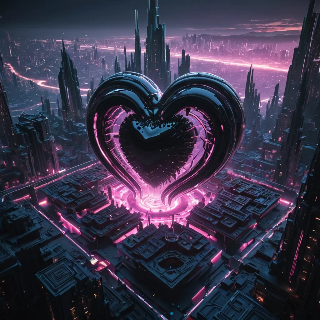 Photorealistic, colossal, levitating, onyx labyrinth, its hyperrealistic, 4K, fractal, obsidian structures unfurling ultra HD, zero gravity, aerodynamic ecosystems. Volumetric lighting from unseen, pulsating, neon hearts etches the citys ethereal, geometric architecture, casting intricate, dynamic, neon shadows on the inverted, reflective void. Cinematic lighting bathes the scene in vibrant, cybernetic hues, with lens flare emphasizing the citys central, radiant, throbbing, quartz heart, pulsating with captive, alien, aerothermal energy.