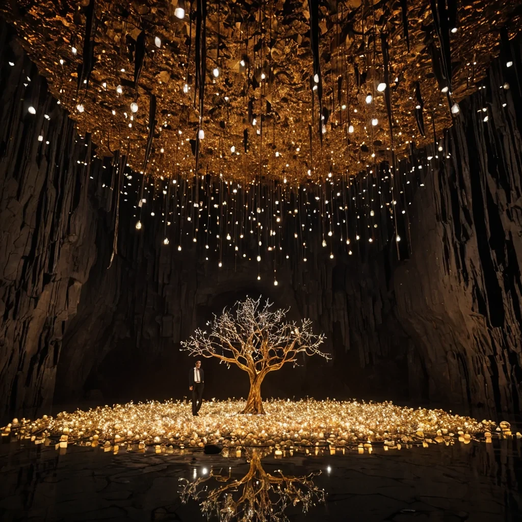 A horizontal, eyelevel medium shot of a vast, subterranean cavern where the walls are composed of massive, vertical slabs of raw, unpolished obsidian interspersed with veins of glowing, liquid gold. In the center, a colossal, inverted tree made entirely of delicate, translucent crystal branches descends from the cavern ceiling, its roots spreading out like shattered glass shards on the floor. Suspended among the crystal branches are hundreds of floating, spherical lanterns made of thin, spun copper wire, each containing a tiny, flickering flame that casts warm, amber light against the cool, dark stone. A solitary figure wearing a sleek, formfitting suit made of matte white ceramic plates and soft, gray fabric stands on a narrow