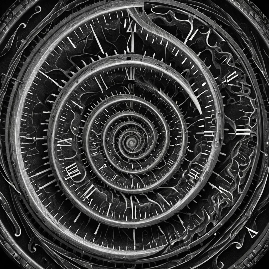 A single, selfilluminating fractal of reversed time, shaped like a 13,421dimensional spiral of unformed chronology and inverted causality, drifts at the center of a vast, inverted clockwork of solidified stillness. Each gear is forged from the exact moment between a second ticking and its refusal to pass, a heartbeat syncing with a distant pulse and dissolving into nonprogression, a hand turning a key and collapsing into pure, unmeasured nonmotion. The spiral does not measure durationit unmeasures it, each twisting filament shedding a layer of temporal potential that never coalesced into sequence, memory, or the weight of becoming. As it rotates backward through the clockworks frozen